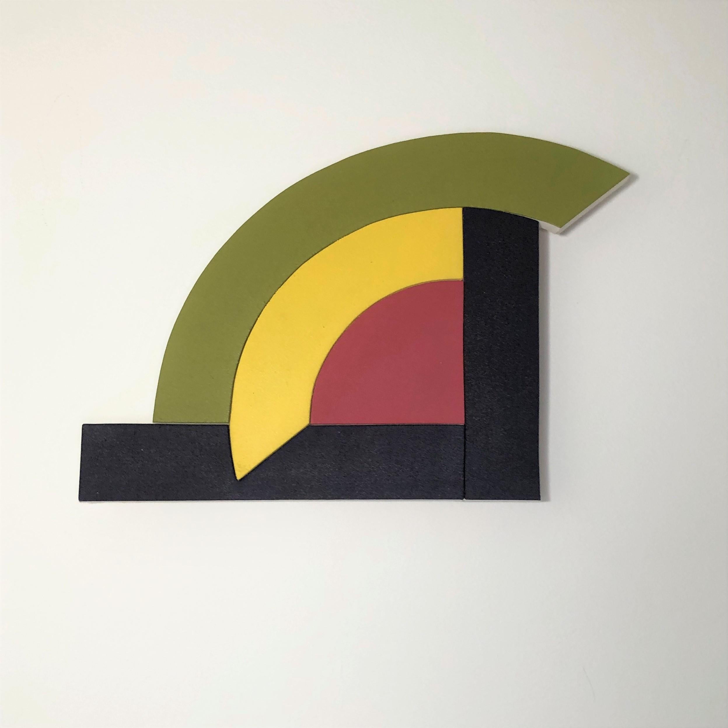 Jason Matherly Abstract Sculpture – Mixed Media-Wandskulptur-Gemälde „19-2“ – gelb, schwarz, grün, minimalistisch