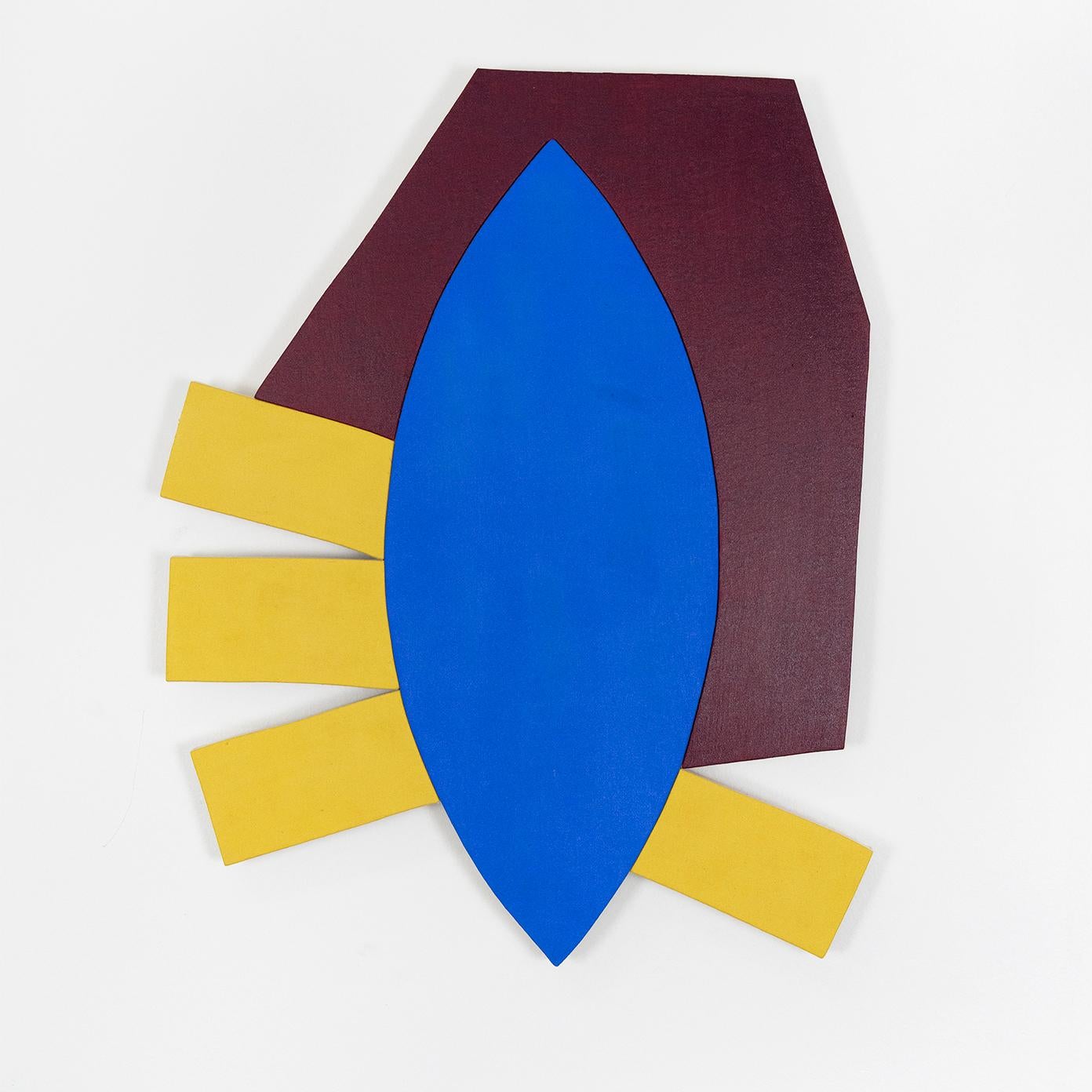 Jason Matherly Abstract Painting - "20-12" Wall Sculpture- yellow, ochre, maroon, red, blue, royal, burgundy, mcm
