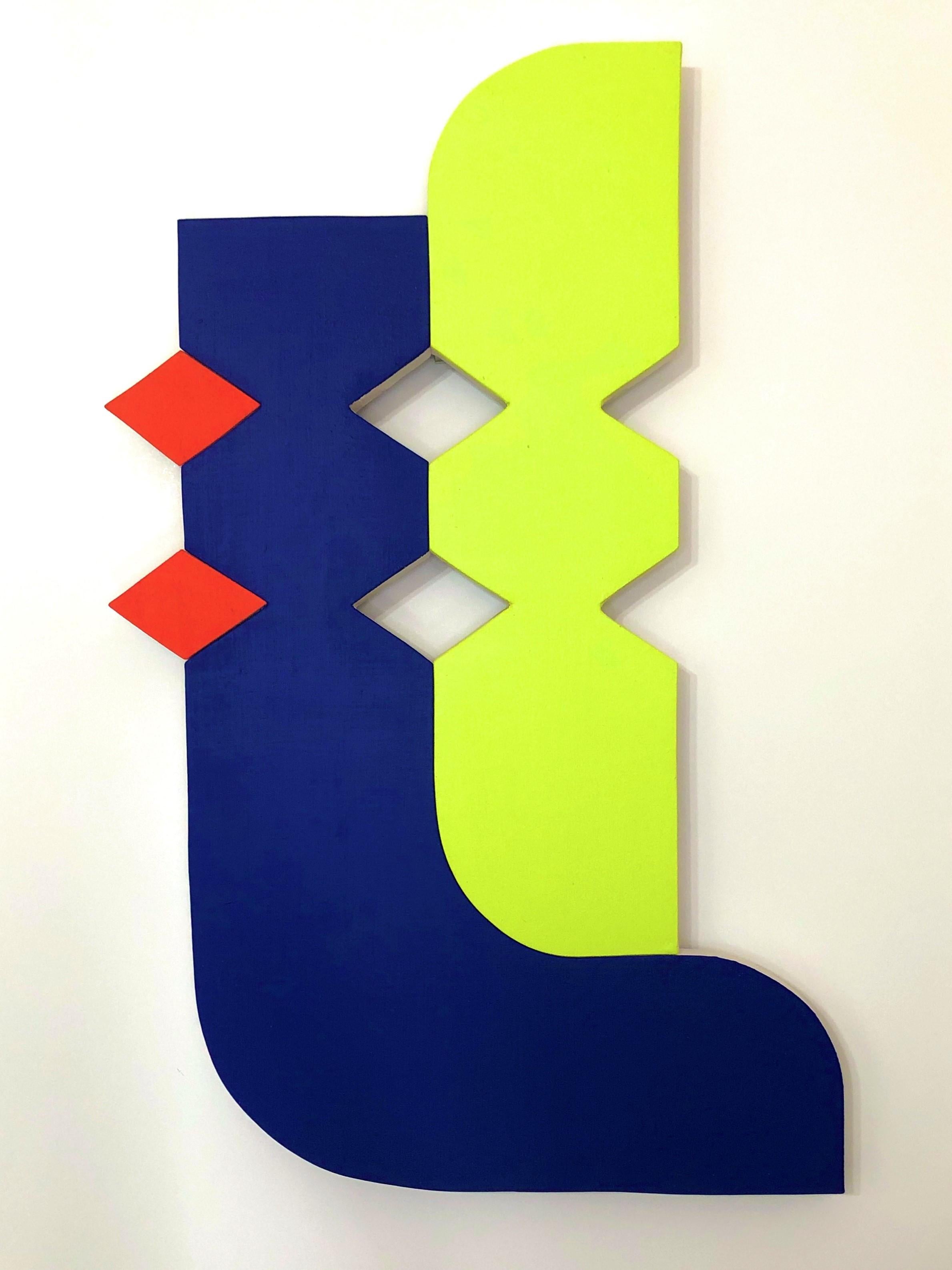 Jason Matherly Abstract Painting - "21-13" Mixed Media Wall Sculpture painting- navy blue, green yellow, red, bold