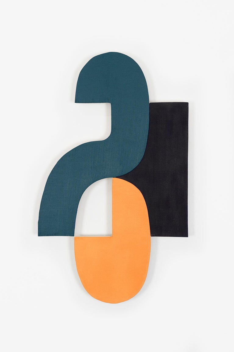Jason Matherly Abstract Painting - "21-7" Wall Sculpture- orange, navy, black, geometric, mid century, mcm, blue