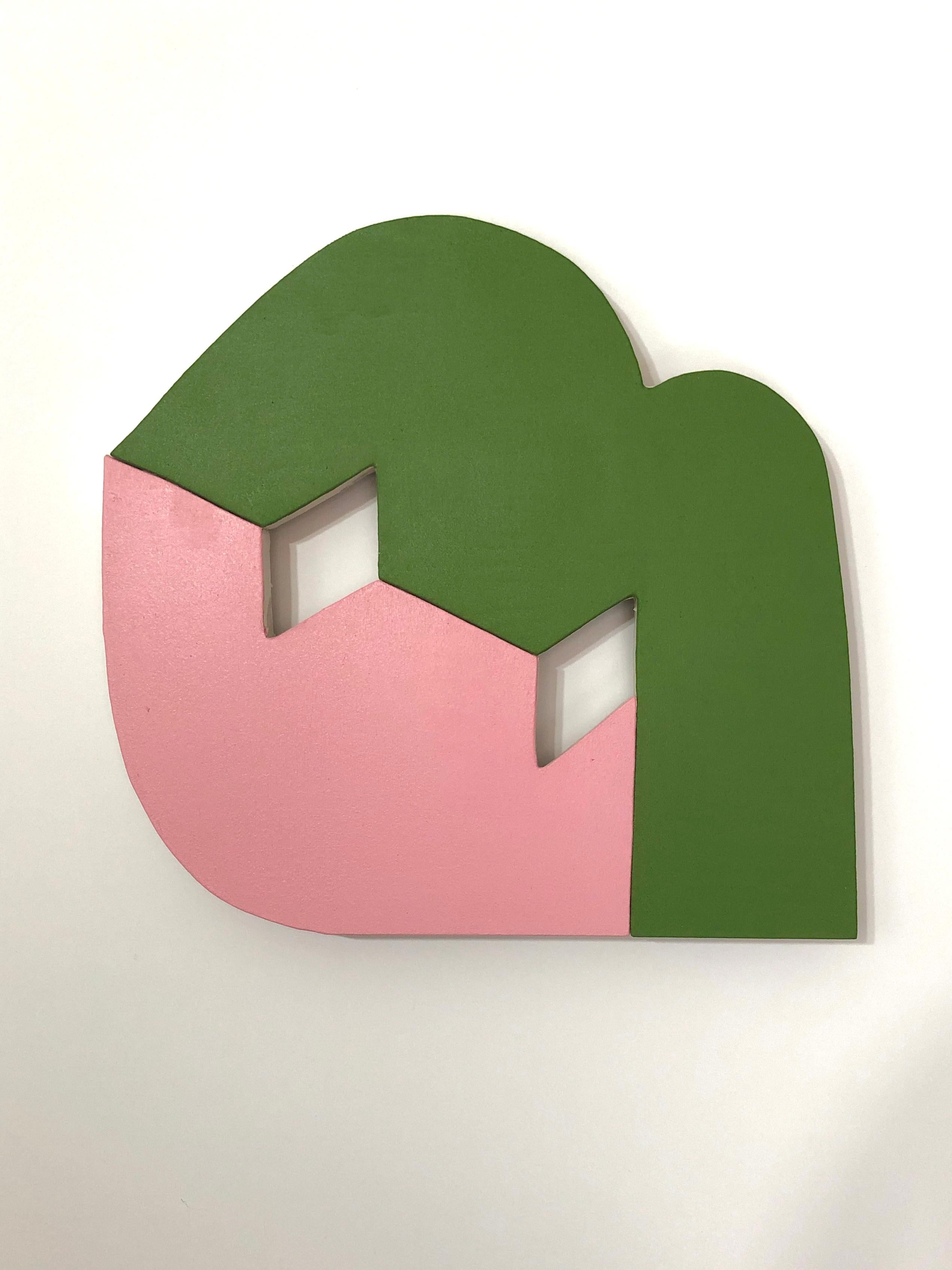 Jason Matherly Abstract Sculpture - "21-8" Mixed Media Wall Sculpture painting- pink, green, minimalism, bold, small