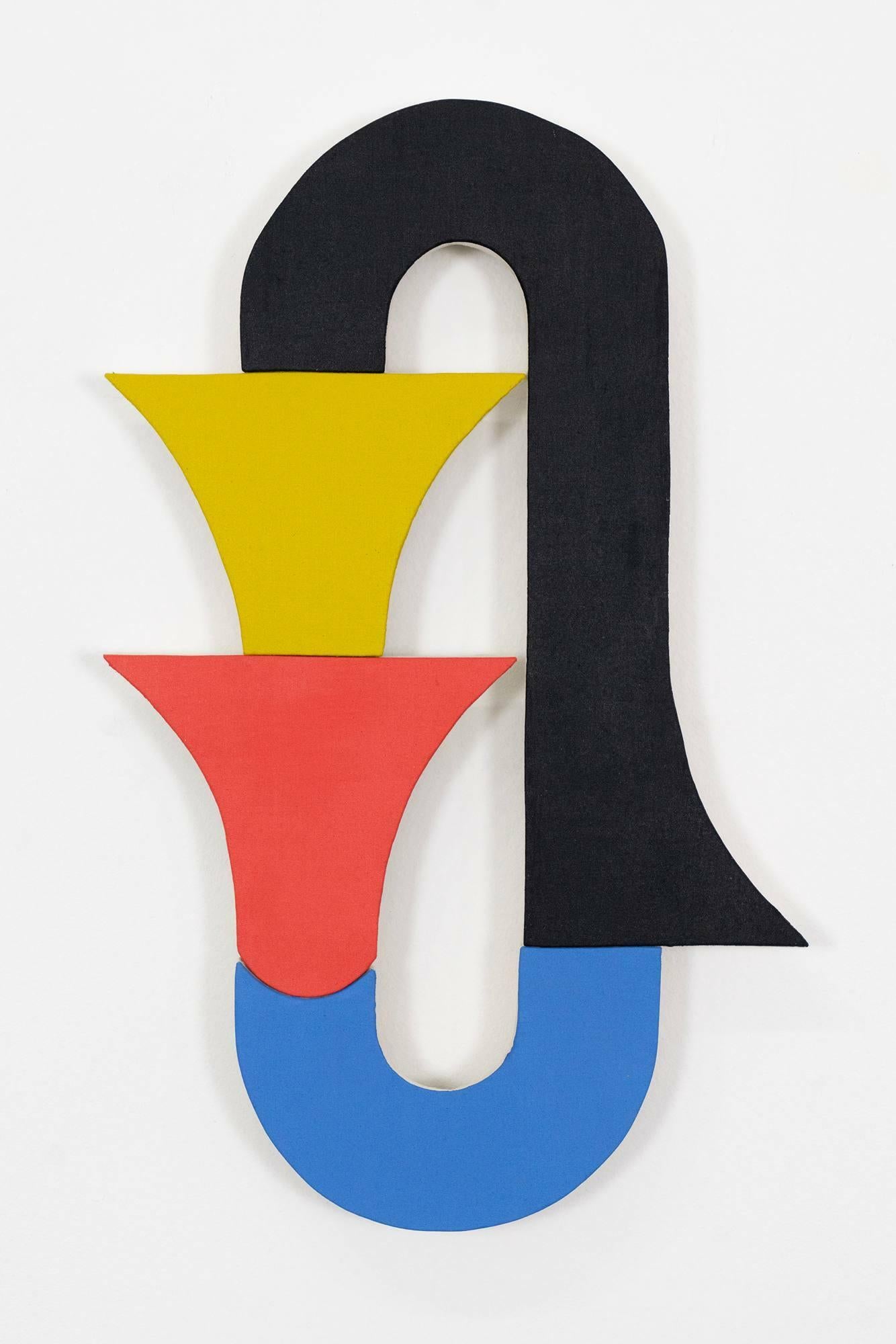 Jason Matherly Abstract Sculpture – Mixed Media-Wandskulptur „22-3“ – schwarz, blau, gelb, rot