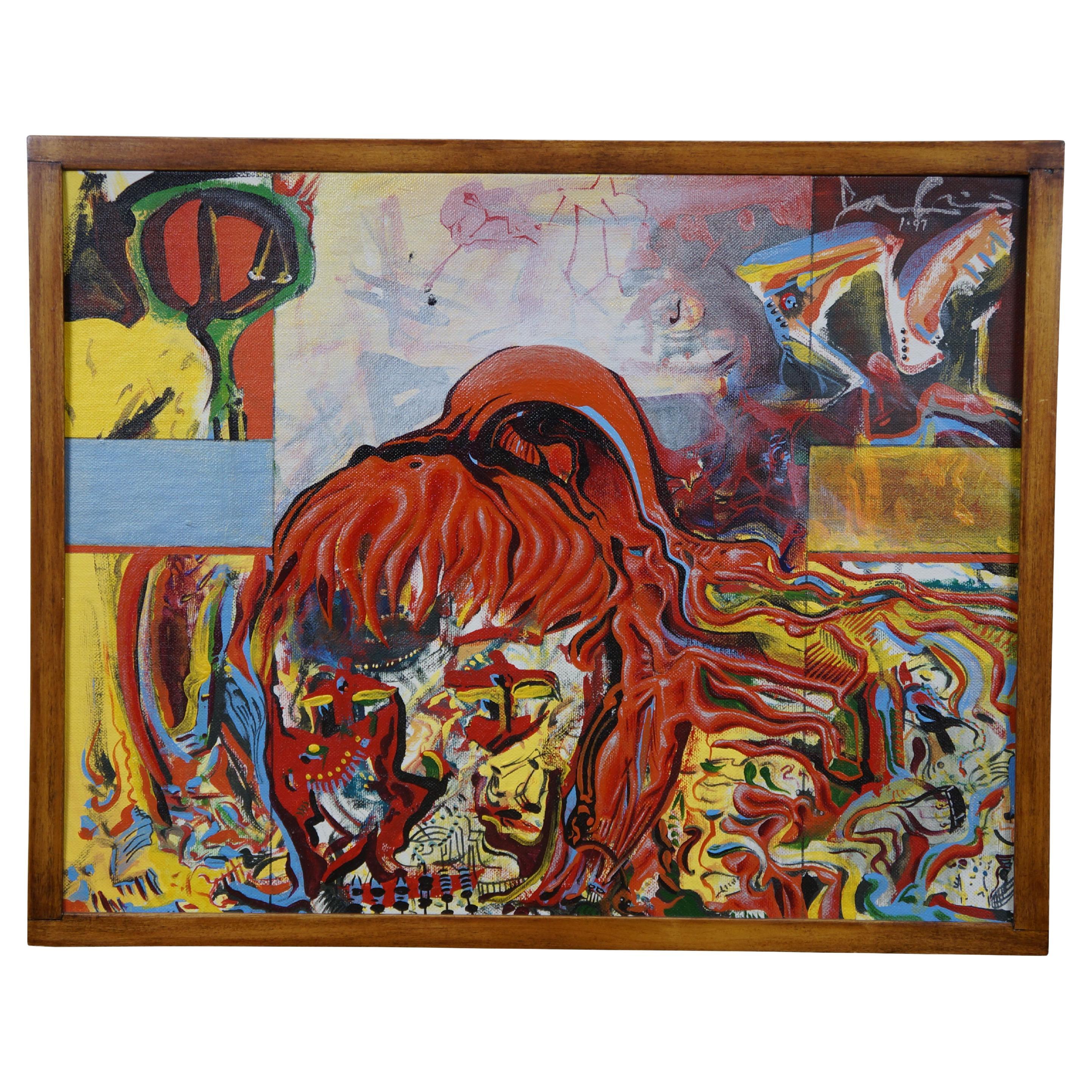 Jason Raney IRWIN 1997 Hübsches Mädchen abstrakte Acryl-Leinwand auf dem Brett Malerei 19" im Angebot