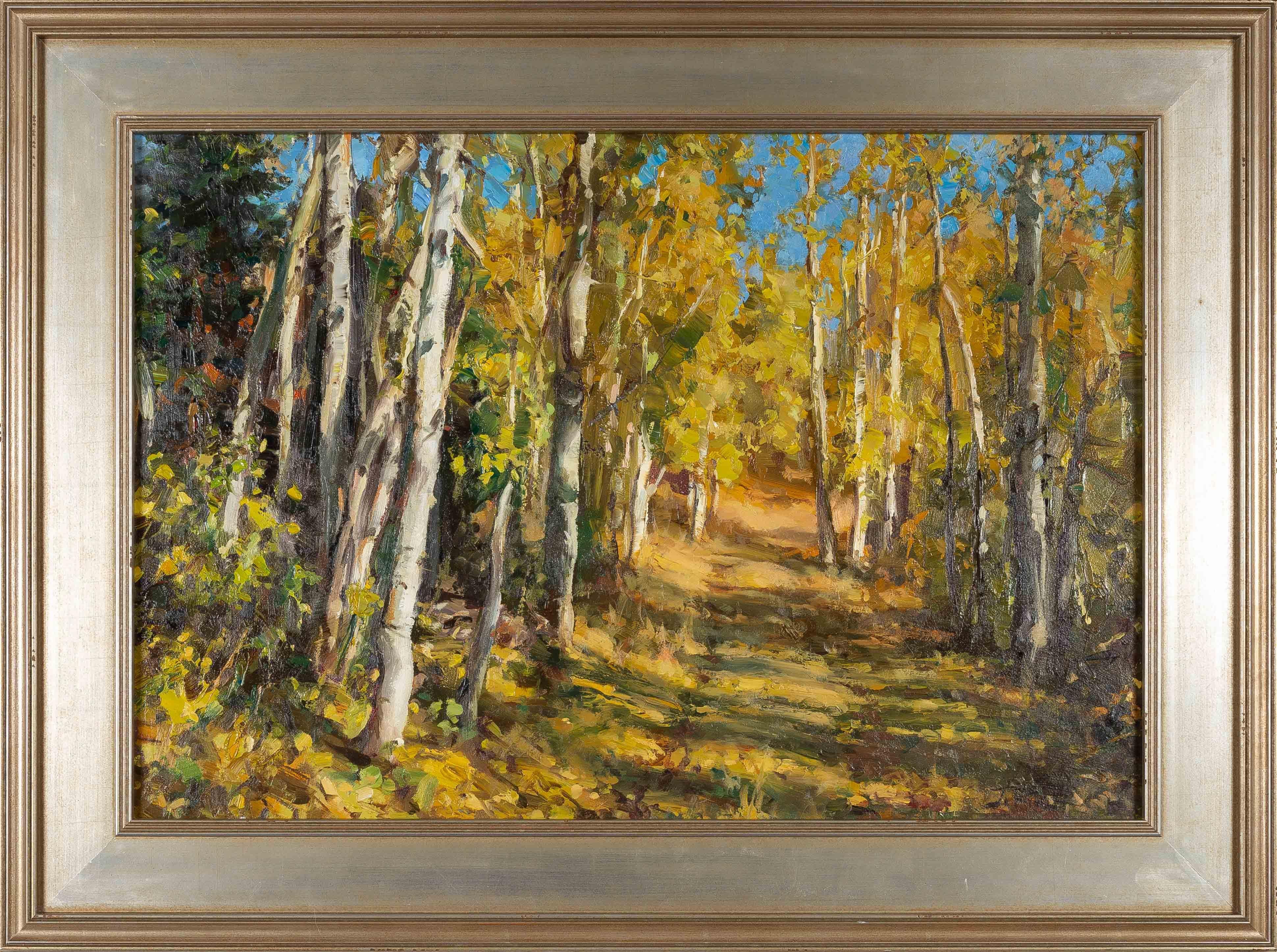 "Aspen Trail" by Jason Rich, Oil on Board, 16" x 24", 21" x 29" framed, hanging wire included on the back.

Jason Rich grew up riding, training, and drawing horses on a small farm in southern Idaho where a love of art and western life was