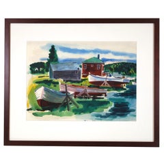 Serene modernist boatyard watercolor from the San Francisco Bay Area