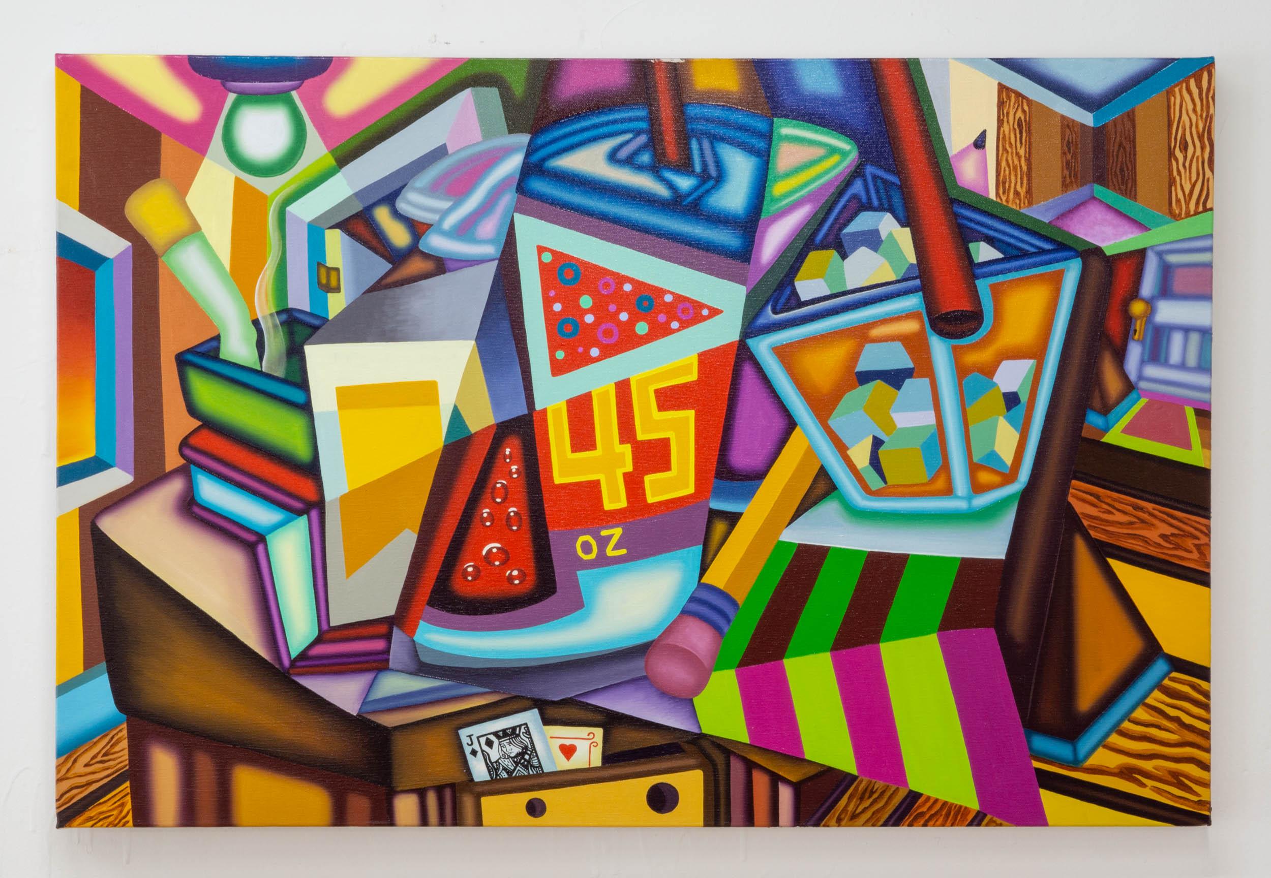 Jason Stout Abstract Painting – STILL LIFE LOCKDOWN DELIRIUM MAY... - Kubistische Innenmalerei inspiriert von Covid L