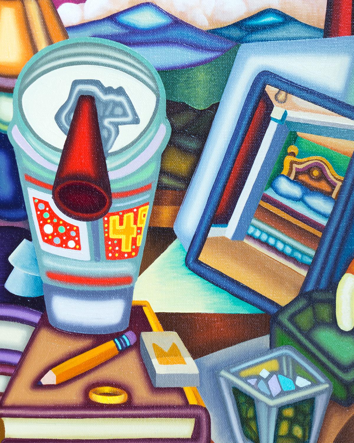 VICE AND REFLECTION - Cubist, Surreal Still Life with Bold Colors - Contemporary Painting by Jason Stout