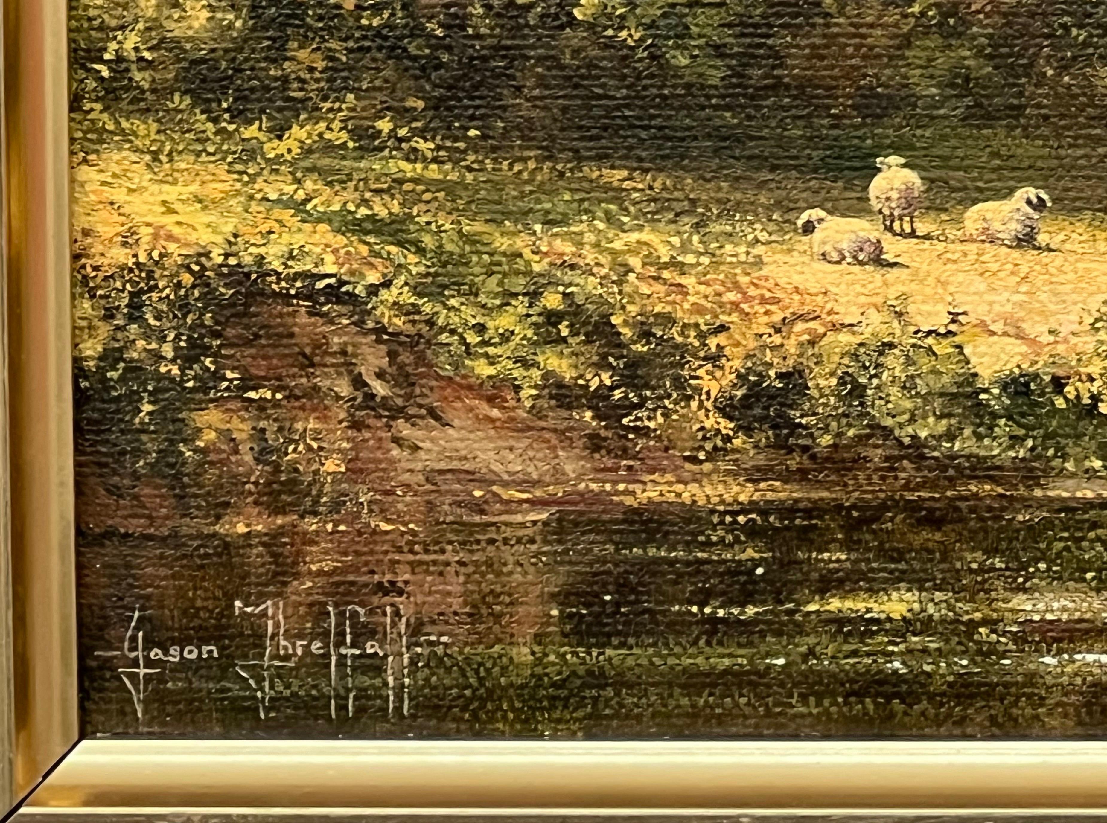 Idílica cabaña junto al río con ovejas en la campiña inglesa por un artista británico en venta 1