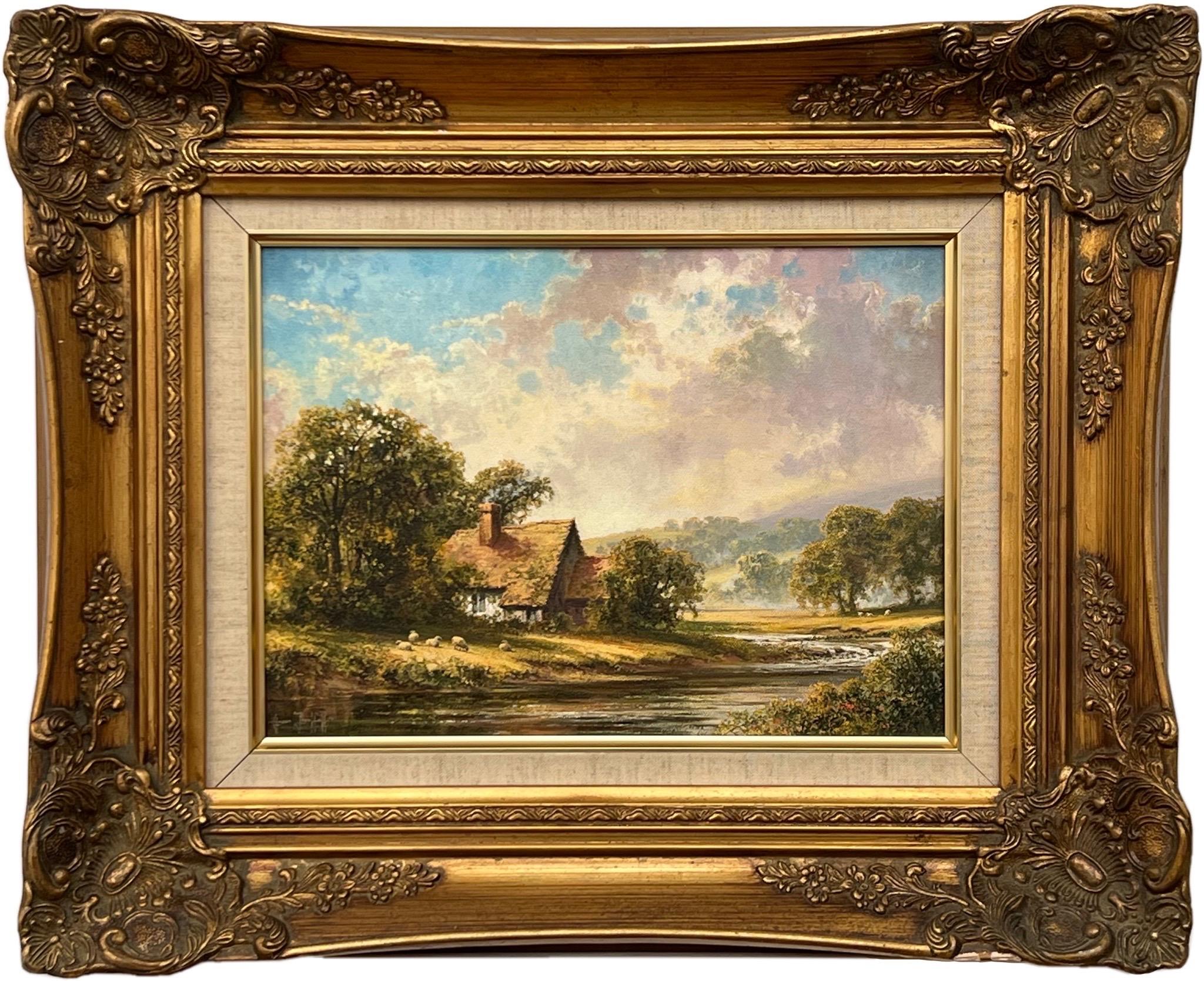Cottage idilliaco vicino al fiume con pecore nella campagna inglese di un artista britannico