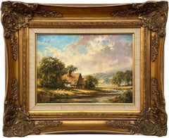 Vintage Idyllic Cottage by River with Sheep in the English Countryside by British Artist