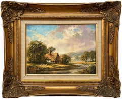 Cottage idilliaco vicino al fiume con pecore nella campagna inglese di un artista britannico