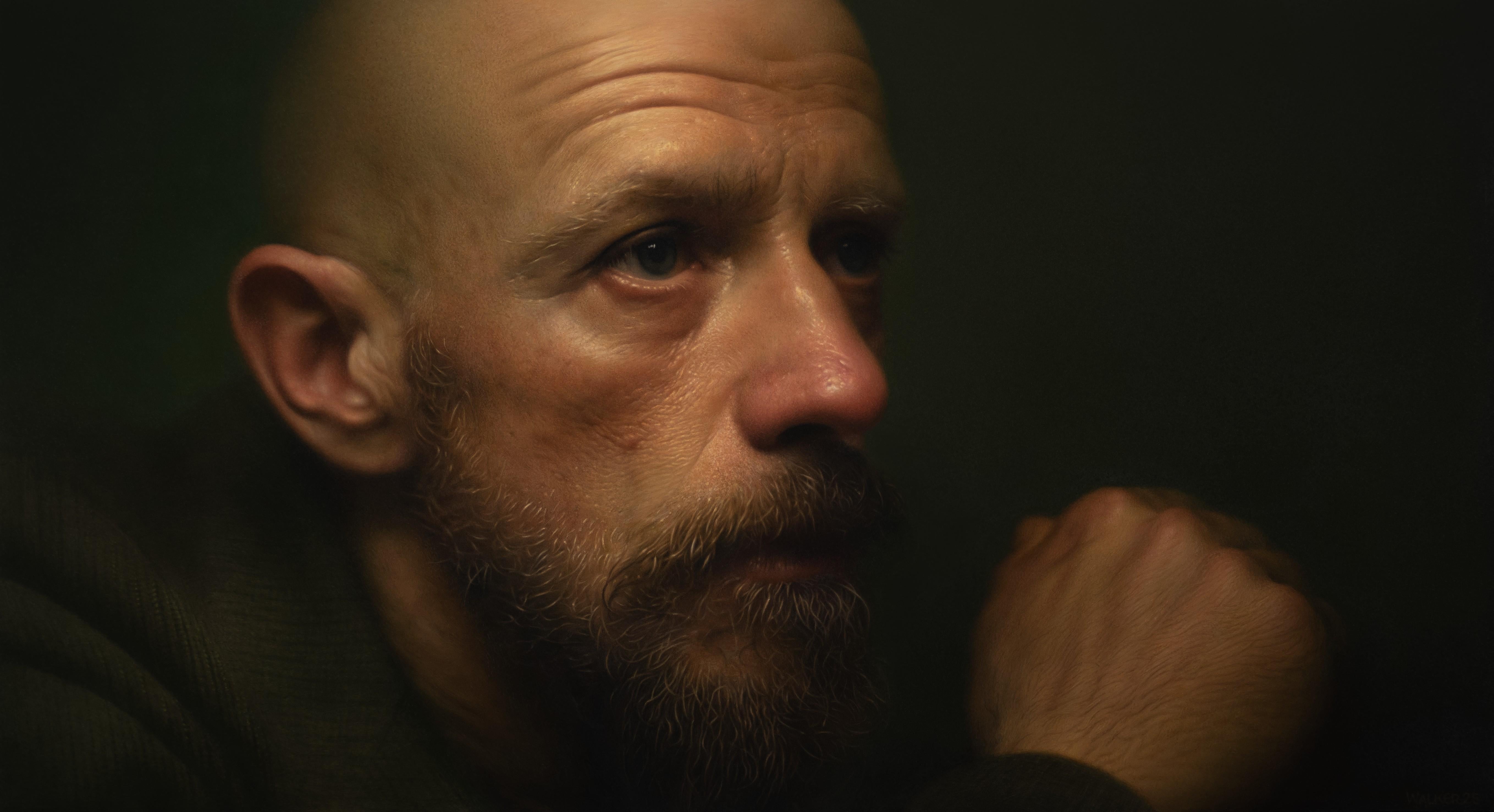 Jason Walker's (CAN based) "Liam" is a masterful photorealist oil portrait that depicts a middle-aged man, in the midst of deep philsophical thought.

Jason Walker’s imagery reflects popular culture: from Disney’s Mary Poppins to frosted doughnuts.