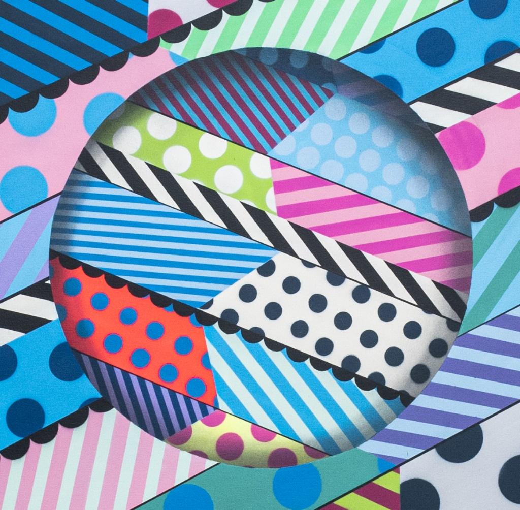 Jason Woodside (Amerikaner, geb. 1982) Acryl und Aerosol auf Leinwand abstrakte Trompe L'Oeil Malerei von bunten kontrastierenden Mustern innerhalb konzentrischer Kreise mit feinen Schattierungen, die eine dreidimensionale Wirkung erzeugt. 56