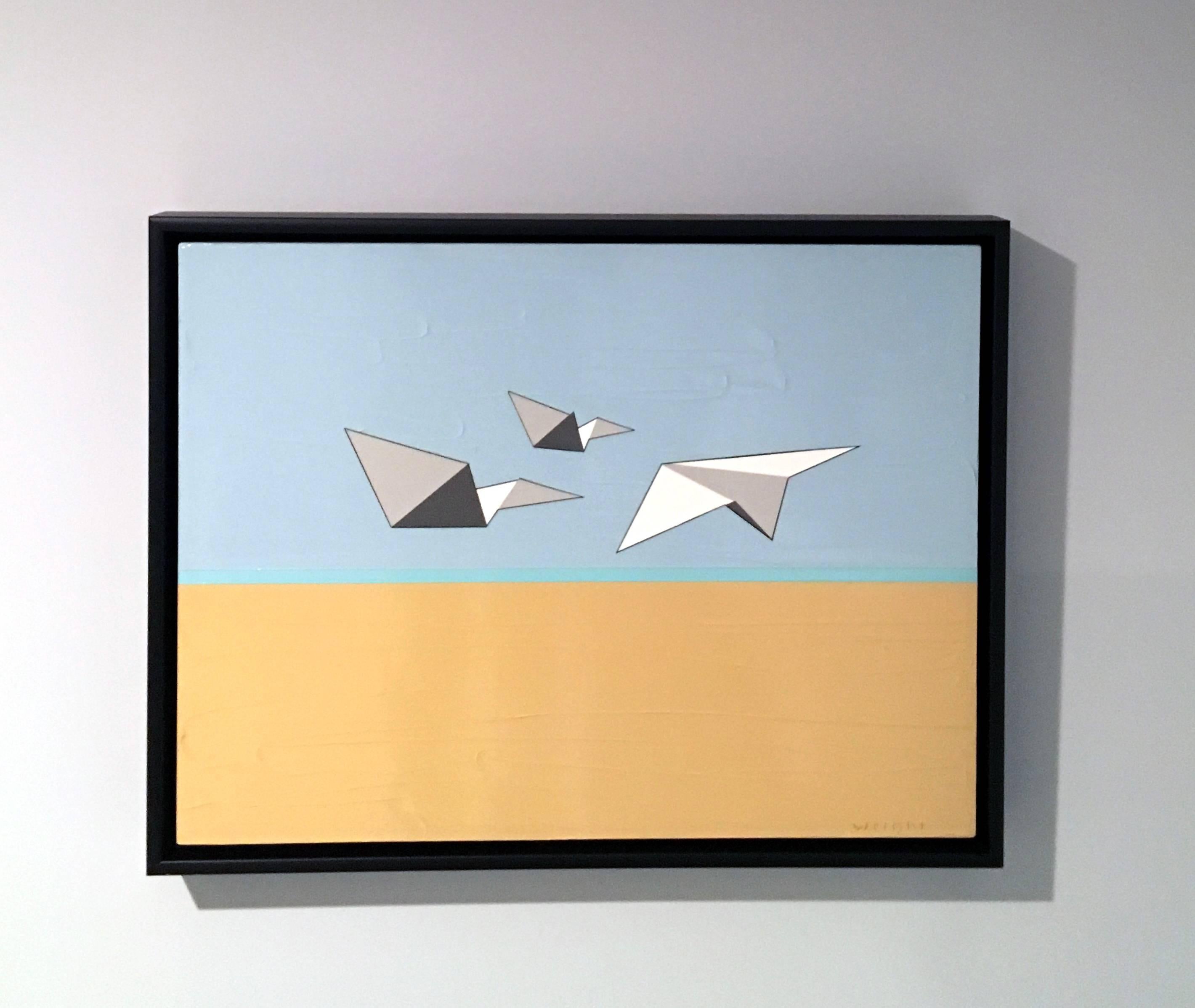 Away We Go, Oil, Acrylic, Paper Airplanes, Blue, White, Sky, Flying, Textured - Painting by Jason Wright
