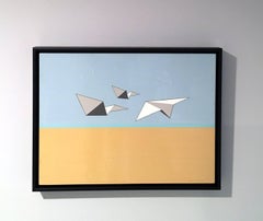 Away We Go, Oil, Acrylic, Paper Airplanes, Blue, White, Sky, Flying, Textured