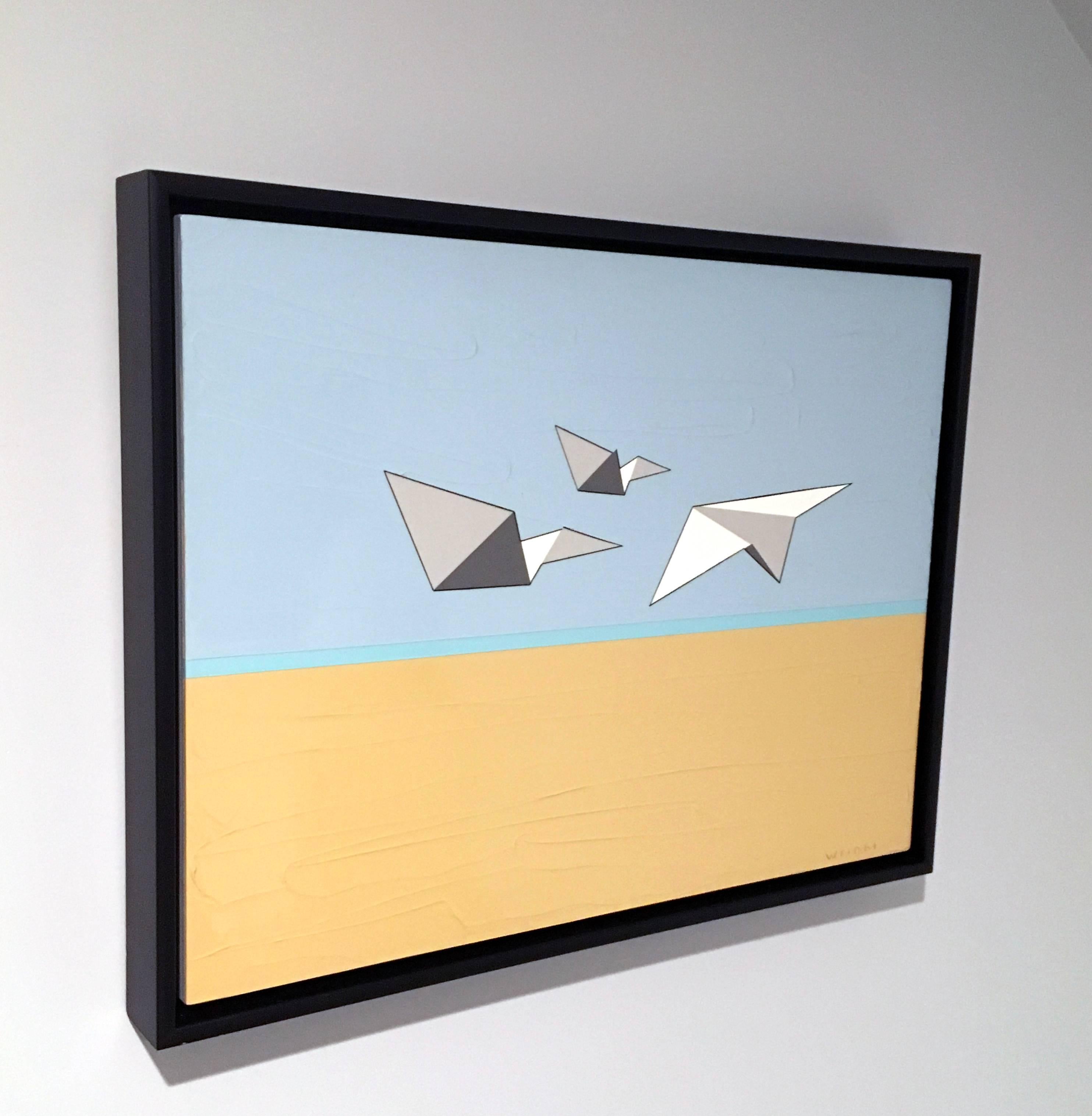 Away We Go, huile, acrylique, avions en papier, bleu, blanc, ciel, vol, texturé - Contemporain Painting par Jason Wright