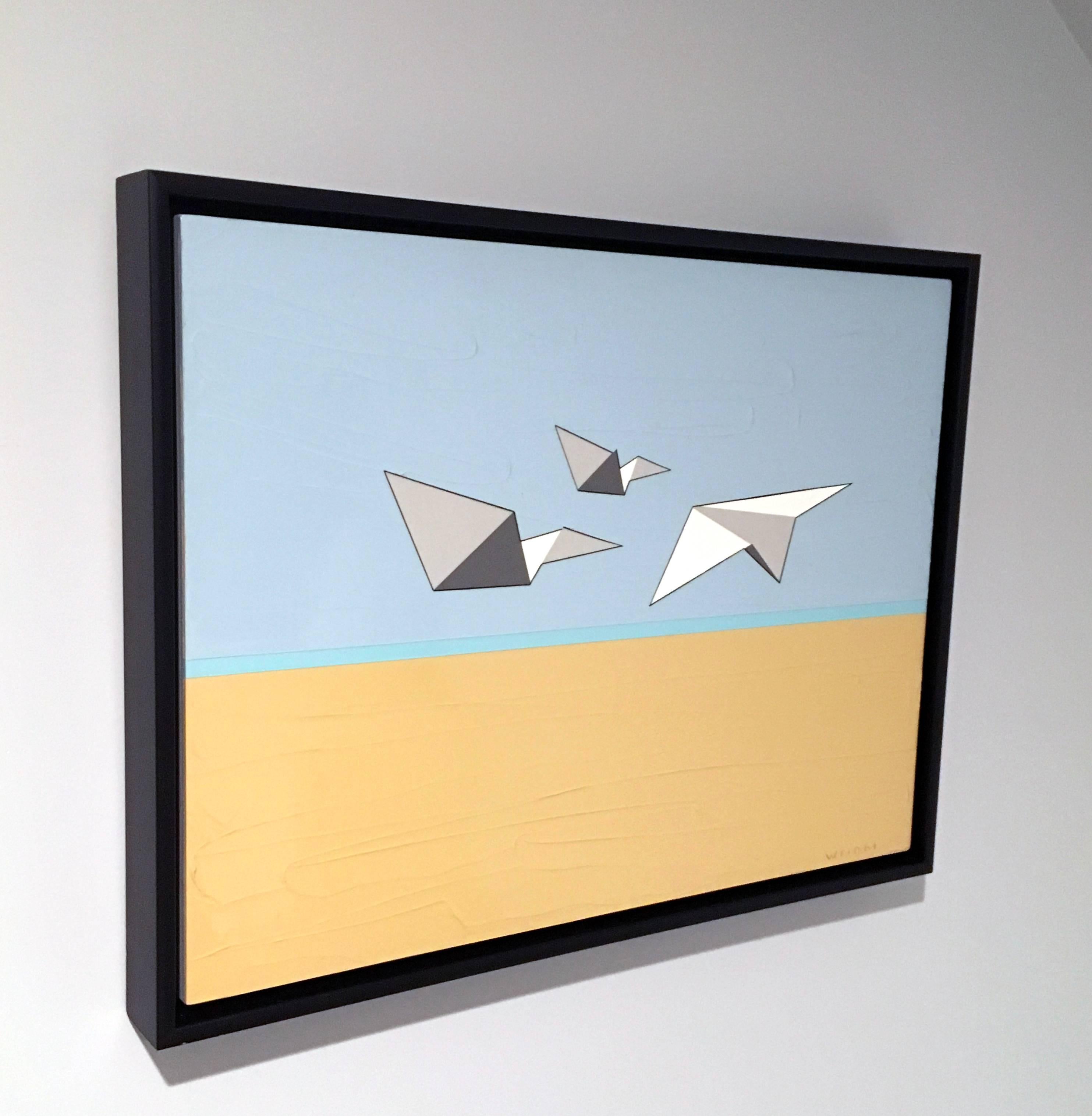 Away We Go, Huile, Acrylique, Avions en papier, Bleu, Blanc, Ciel, Vol, Texturé - Contemporain Painting par Jason Wright