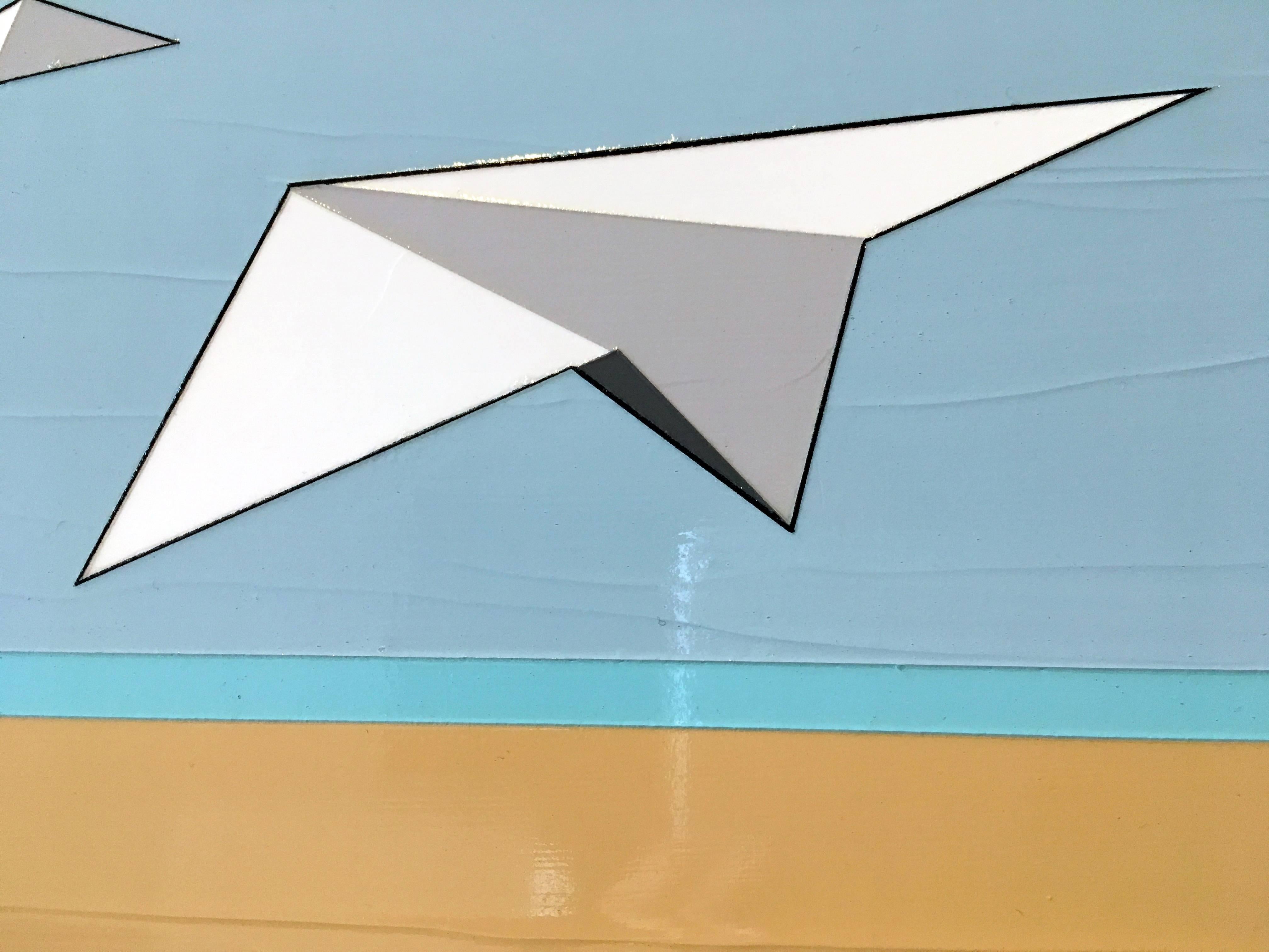 Away We Go, Huile, Acrylique, Avions en papier, Bleu, Blanc, Ciel, Vol, Texturé - Beige Landscape Painting par Jason Wright