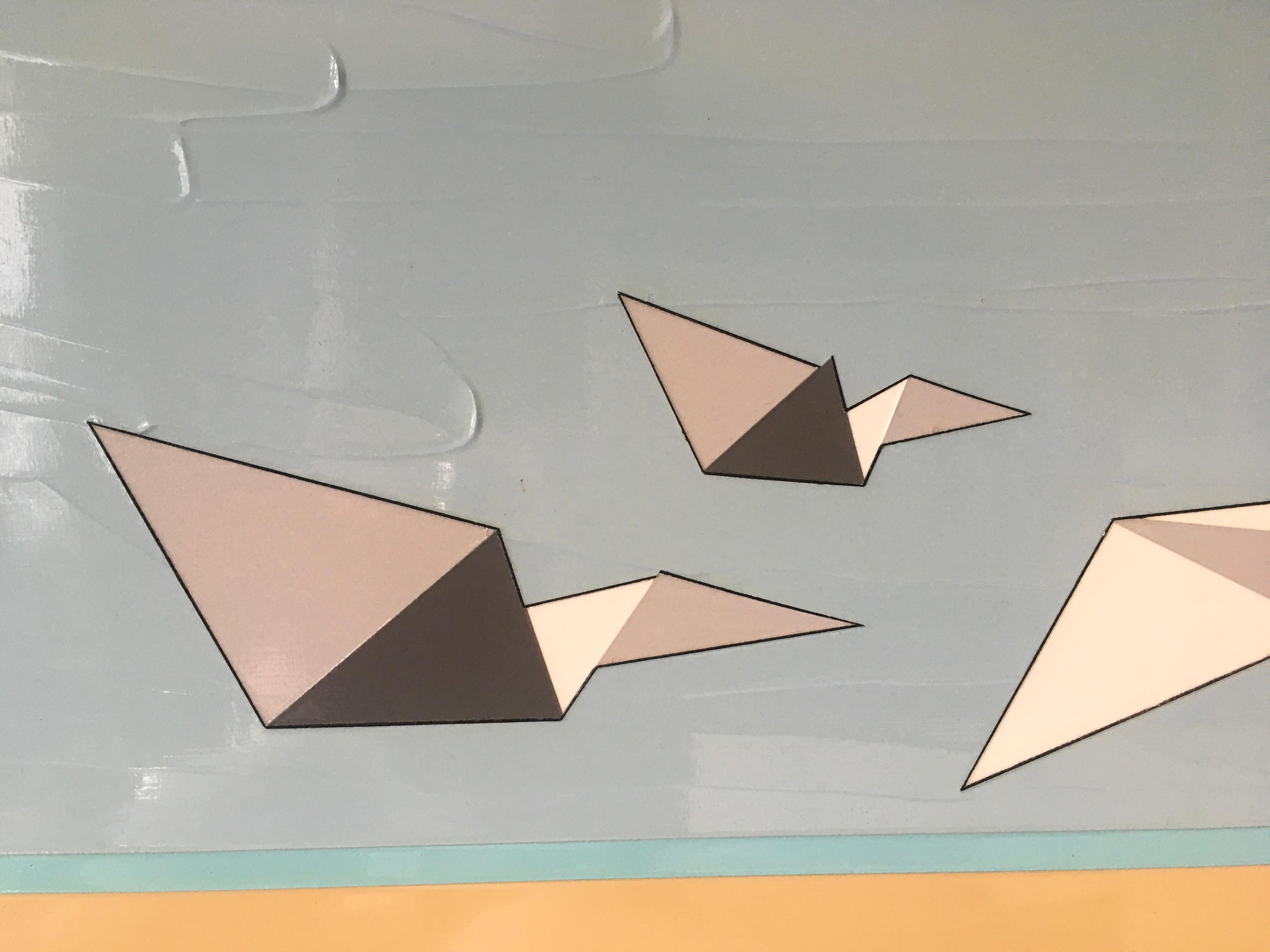 Away We Go es una pintura al óleo y acrílica de textura gruesa de tres aviones de papel que se elevan como pájaros.  Es obra del artista hawaiano Jason Wright.

Jason Wright nació en Estados Unidos (1975).  Estudió Pintura y Diseño Gráfico en el