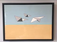 Away We Go, Oil, Acrylic, Paper Airplanes, Blue, White, Sky, Flying, Textured