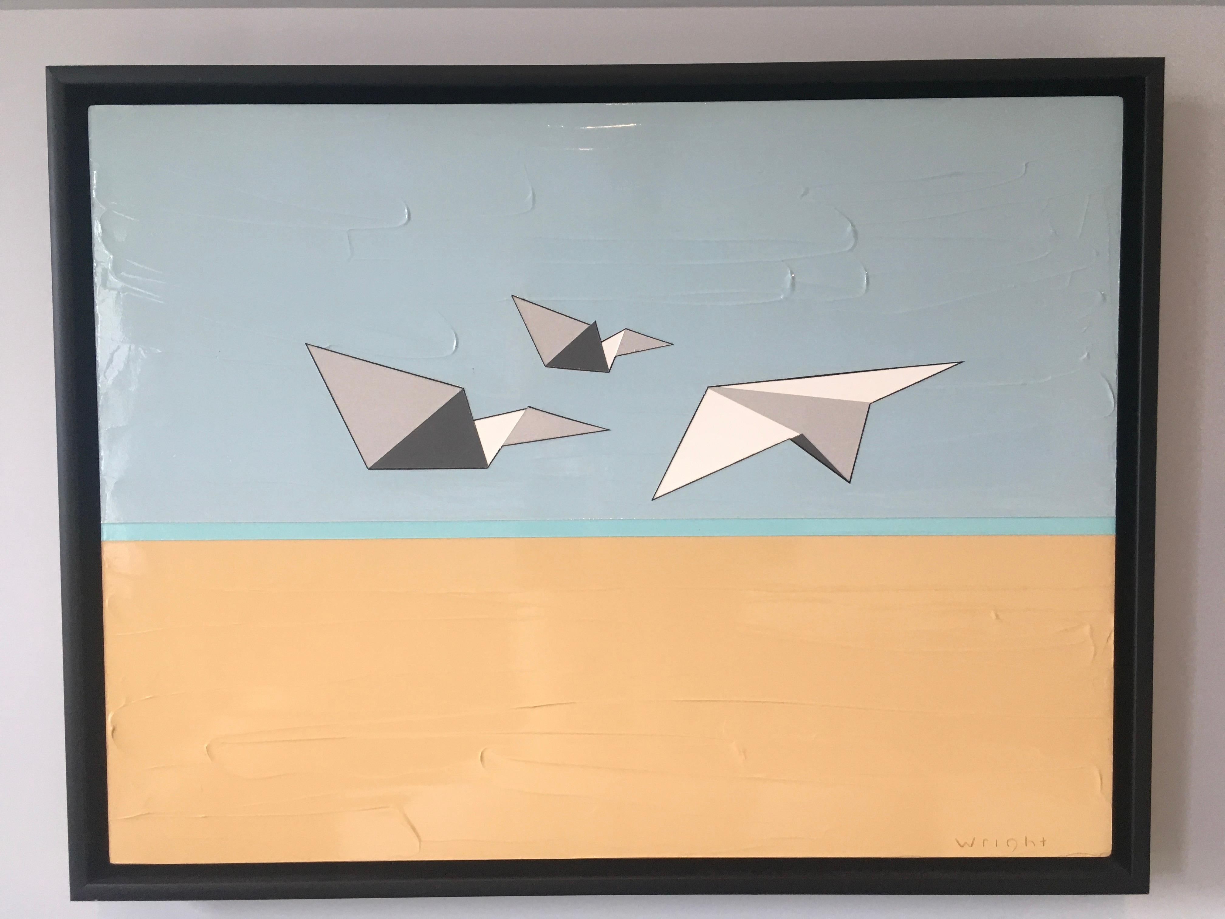 Landscape Painting Jason Wright - Away We Go, Huile, Acrylique, Avions en papier, Bleu, Blanc, Ciel, Vol, Texturé