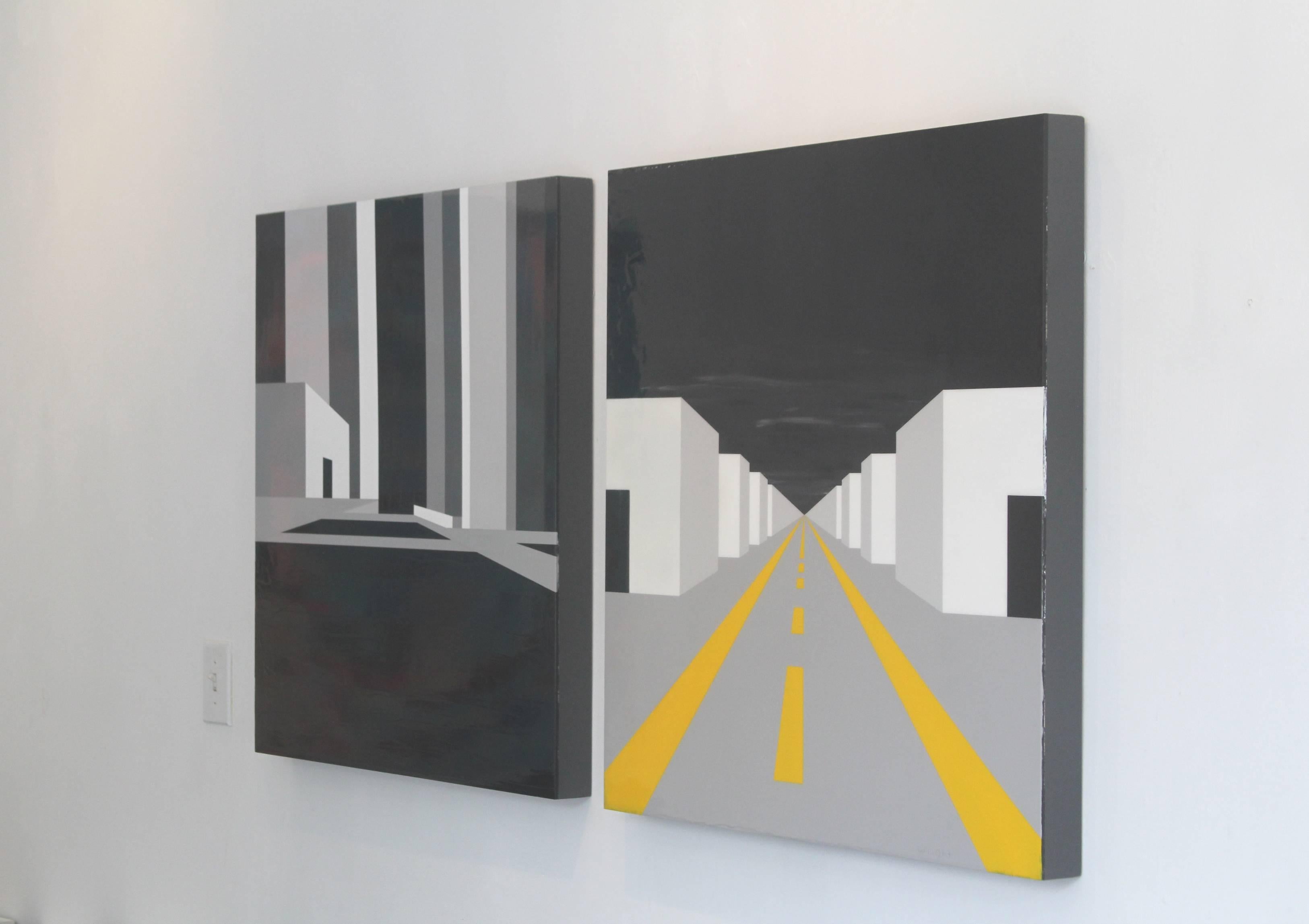 Ruled by Shapes/Destroyed by Geometry is a architectural painting filled with buildings and a road.   It can be viewed as a cityscape.  It is Oil and Acrylic on Wood Panel, 30x30., and highly textured.   It is sold individually or as a diptych with