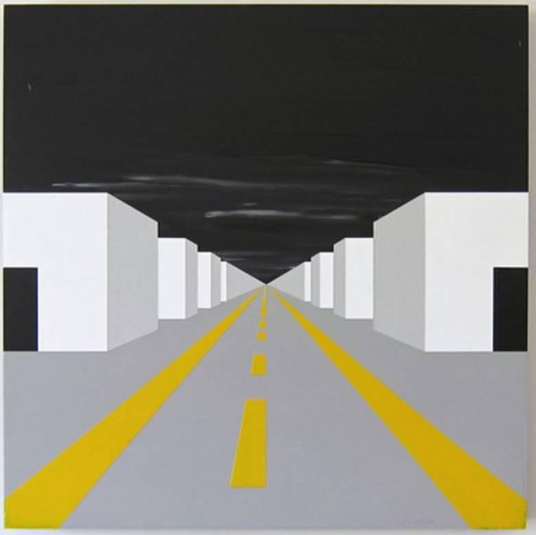 Jason Wright Landscape Painting - Ruled by Shapes/Destroyed by Geometry, Black, White, Architecture, Painting