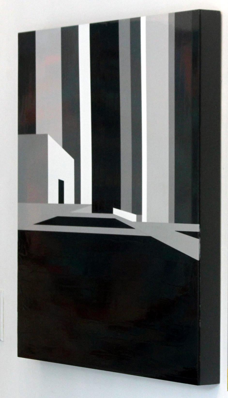 Voyeur, Stadtlandschaft, Schwarz-Weiß, strukturiert, Gebäude, architektonisch (Zeitgenössisch), Painting, von Jason Wright
