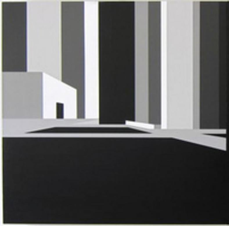Voyeur, Paysage urbain, noir, blanc, texturé, bâtiments, architectural - Gris Abstract Painting par Jason Wright