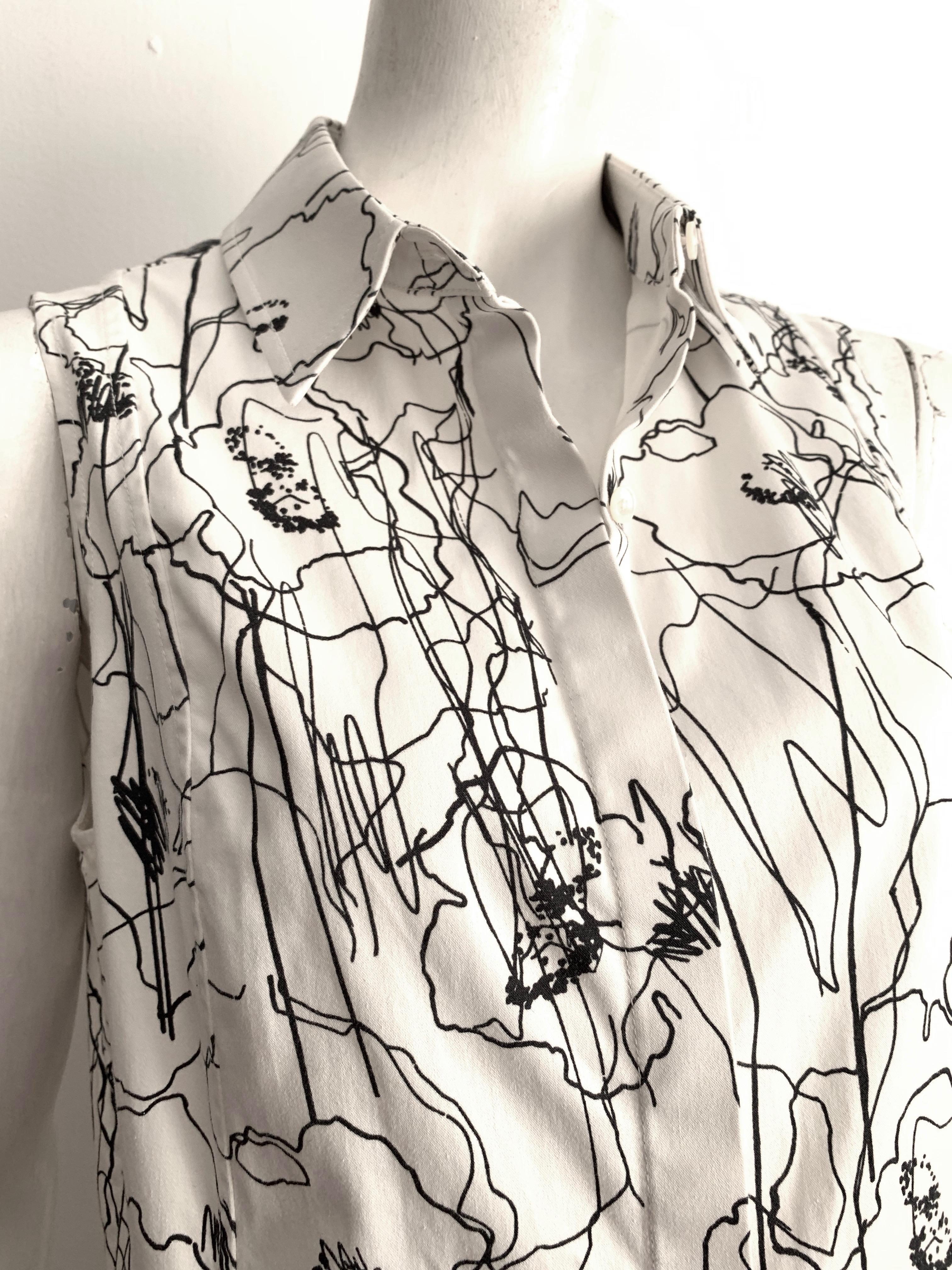 Jason Wu 2016 Resort Scribble Print Cotton Long Sleeveless Shirt Size 10.  In Excellent Condition For Sale In Atlanta, GA