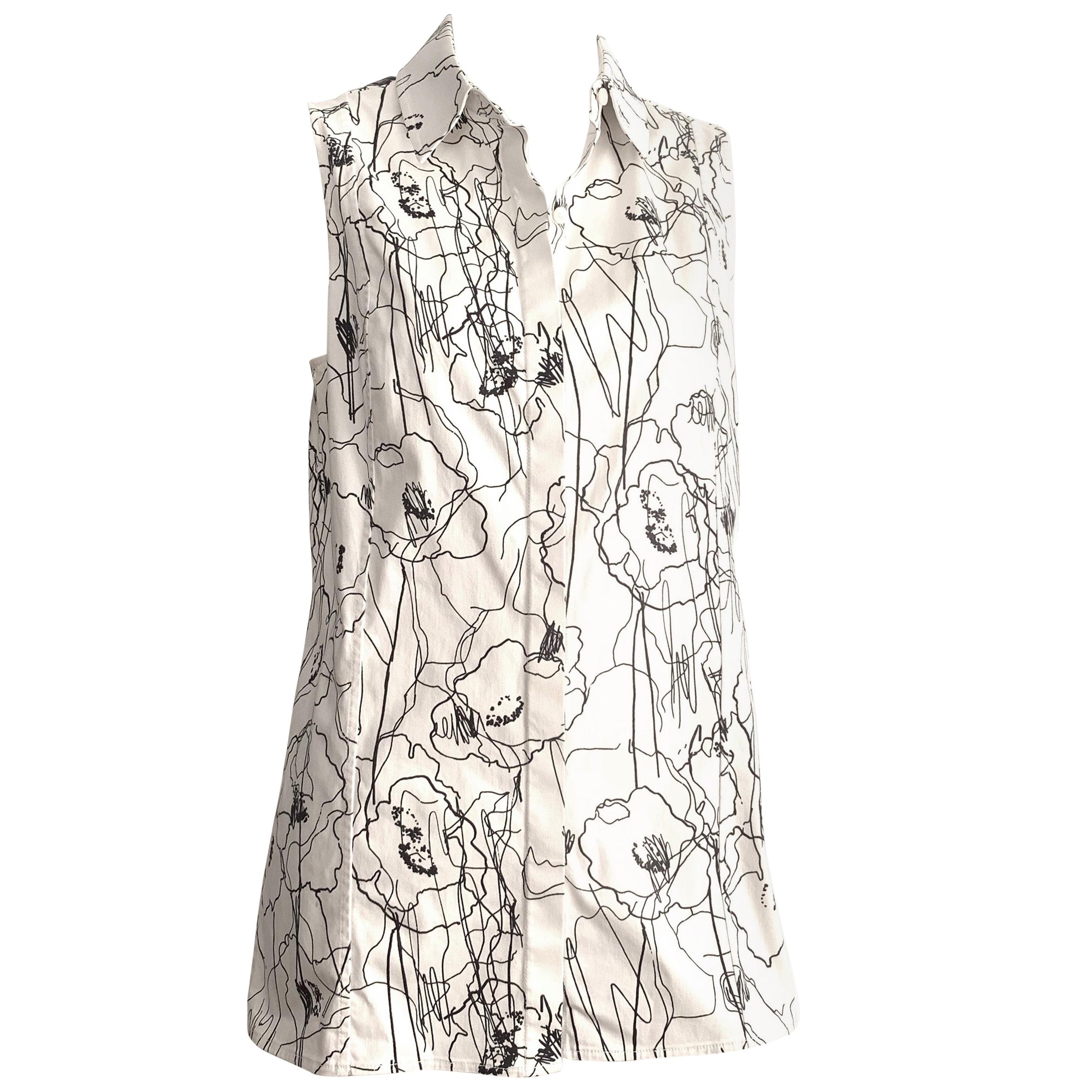 Jason Wu 2016 Resort Scribble Print Cotton Long Sleeveless Shirt Size 10.  For Sale