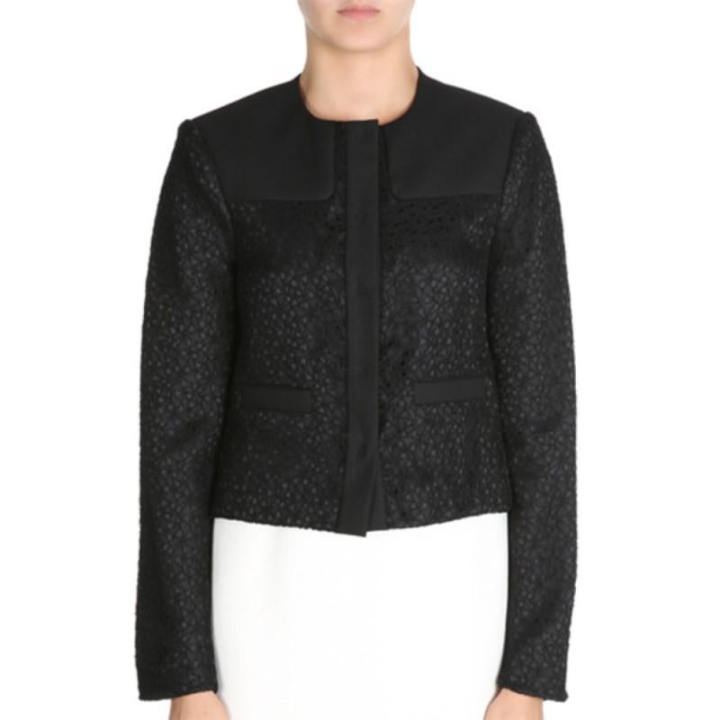 Chic and young, this Jason Wu jacket is right out of his SS '15 collection. Its printed black color keeps it a classic, while its round neckline, cropped cut, long sleeves, and smooth black inserts give it a beautiful design. This item does not