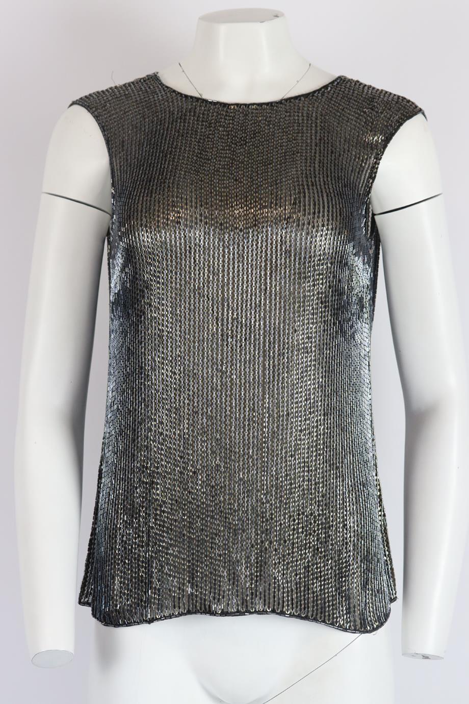 Jason Wu embellished silk top. Brown and grey. Sleeveless, crewneck. Hook and eye fastening at back. 100% Silk. Size: US 4 (UK 8, FR 36, IT 40). Bust: 35 in. Waist: 33.8 in. Hips: 38 in. Length: 24 in. New with tags