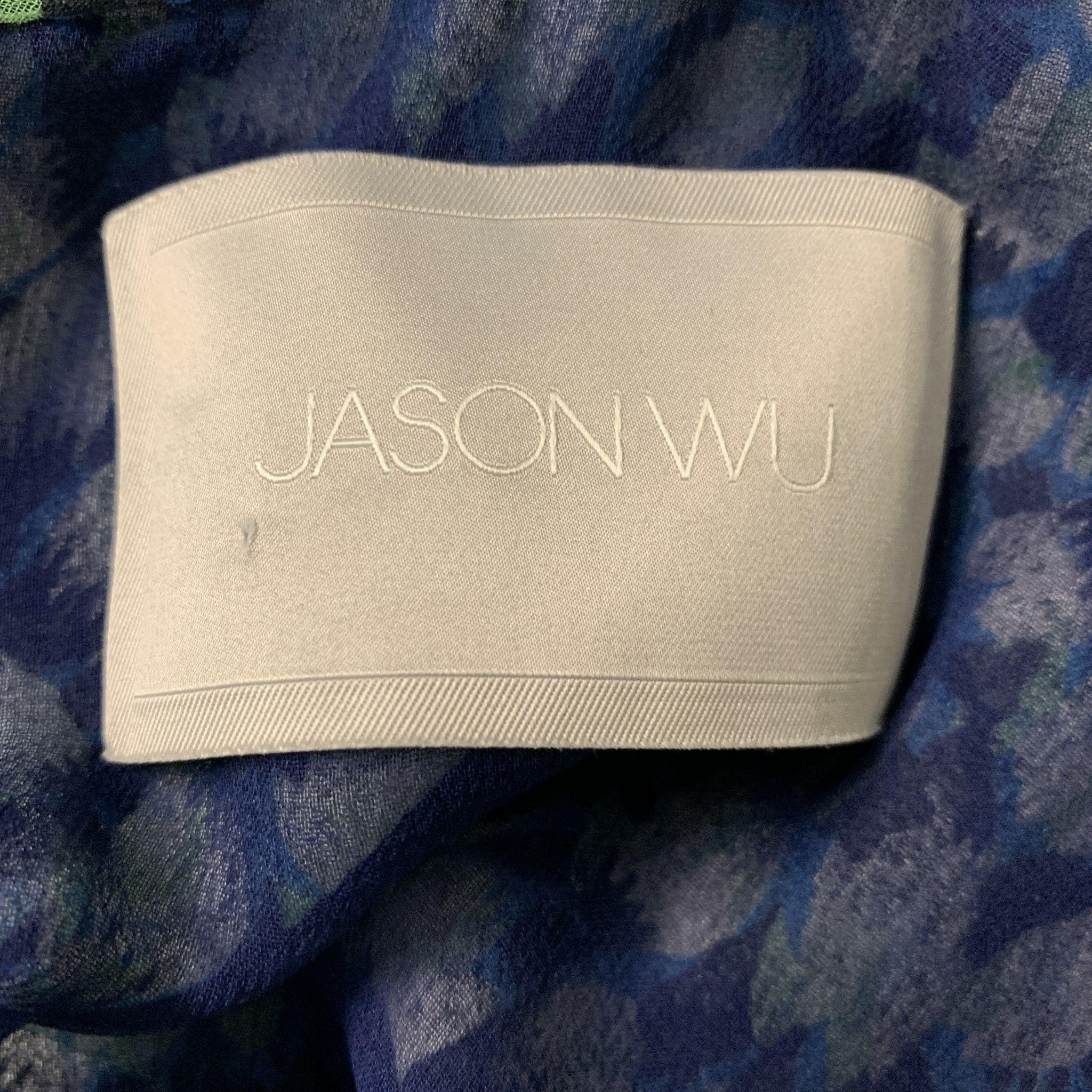 Women's JASON WU Size 6 Blue, White & Black Silk Floral Blouse For Sale