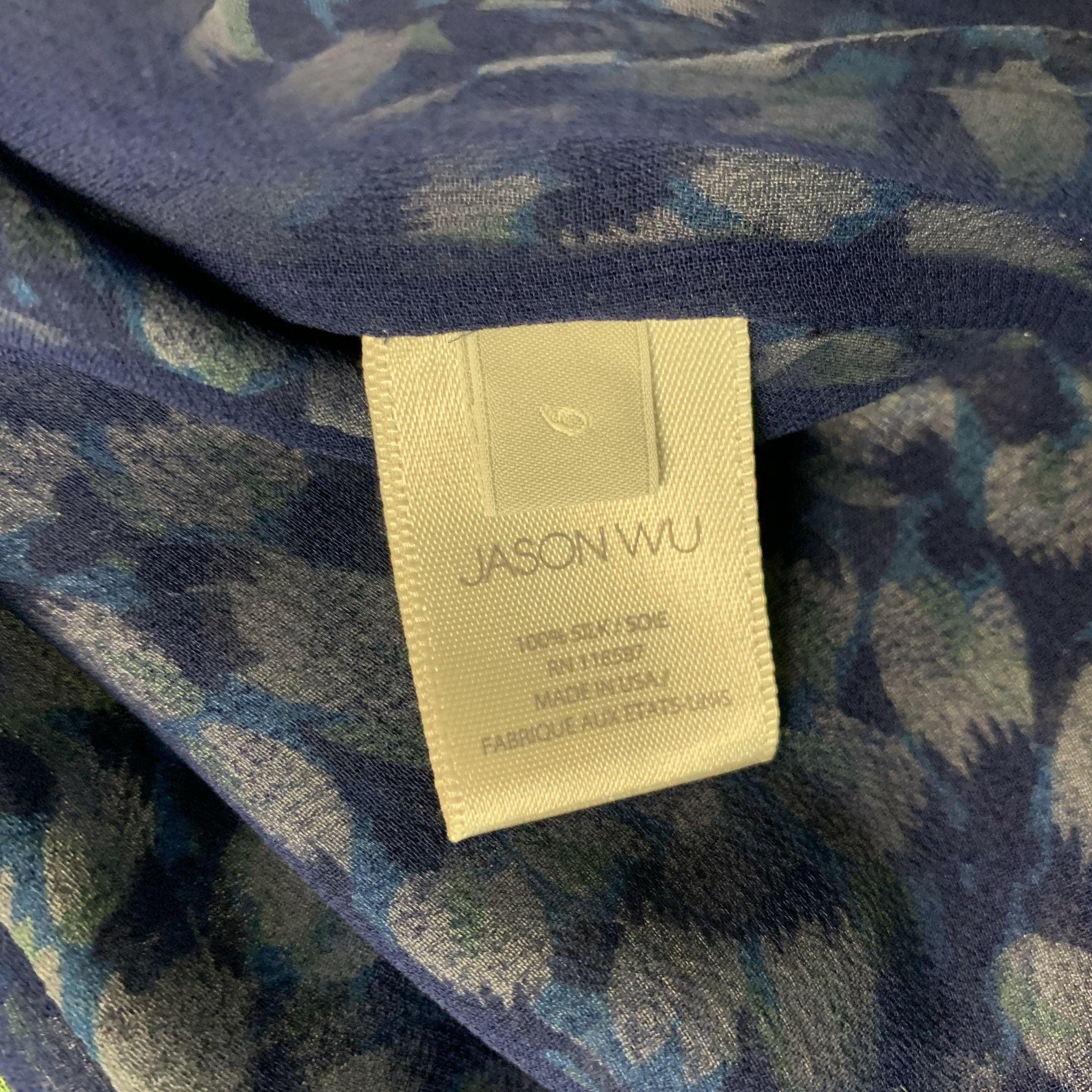 JASON WU Size 6 Blue, White & Black Silk Floral Blouse For Sale 1
