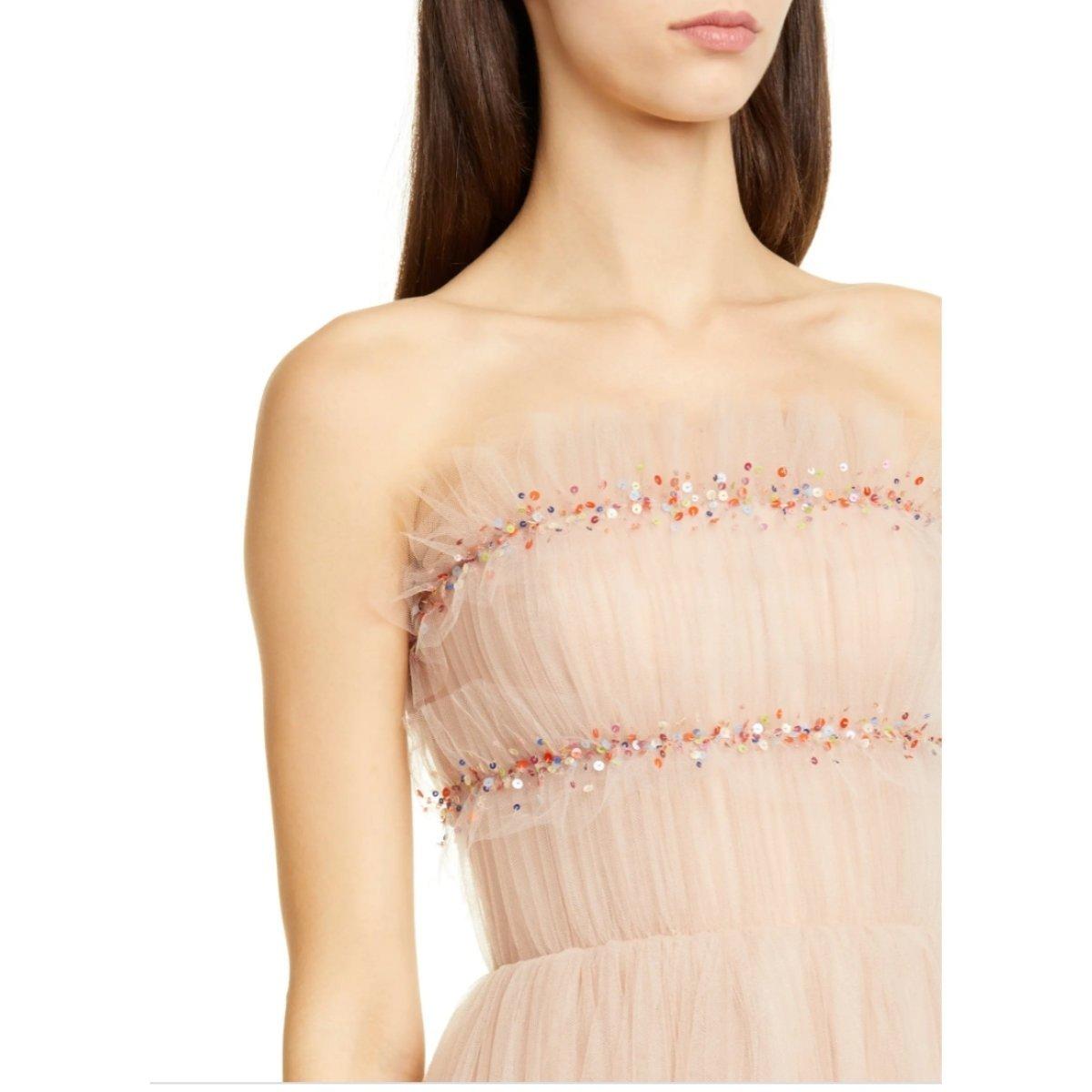 Beige Jason Wu Strapless Ruched Tulle Midi Cocktail Dress For Sale