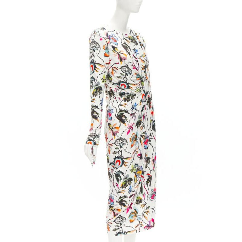 Gris JASON WU white tropical floral print twist draped viscose dress M en vente