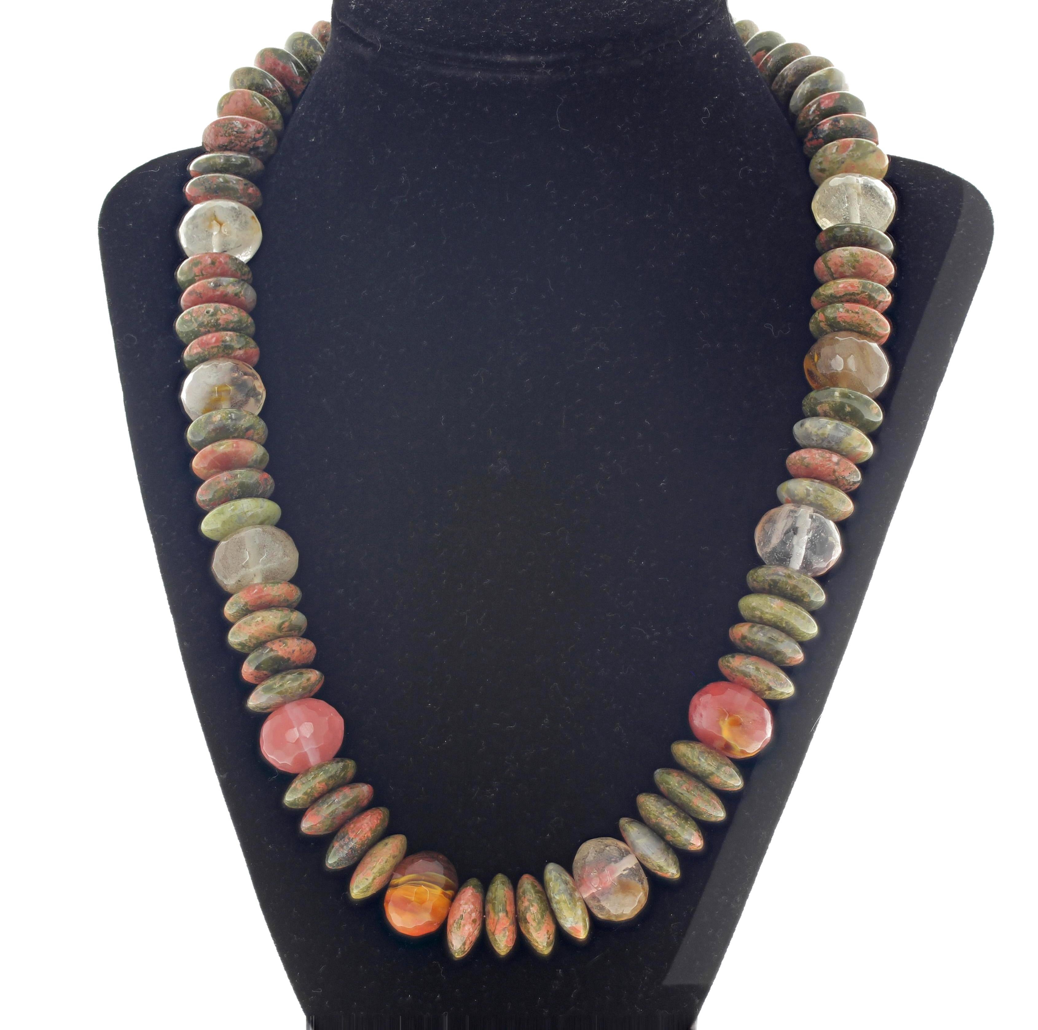 This looks hand painted !! The Jasper is a natural pink and green design (16 mm across) and is enhanced with shining gem cut Agates and Quartz set in a 20.5 inch necklace with a gold tone hook clasp.   
