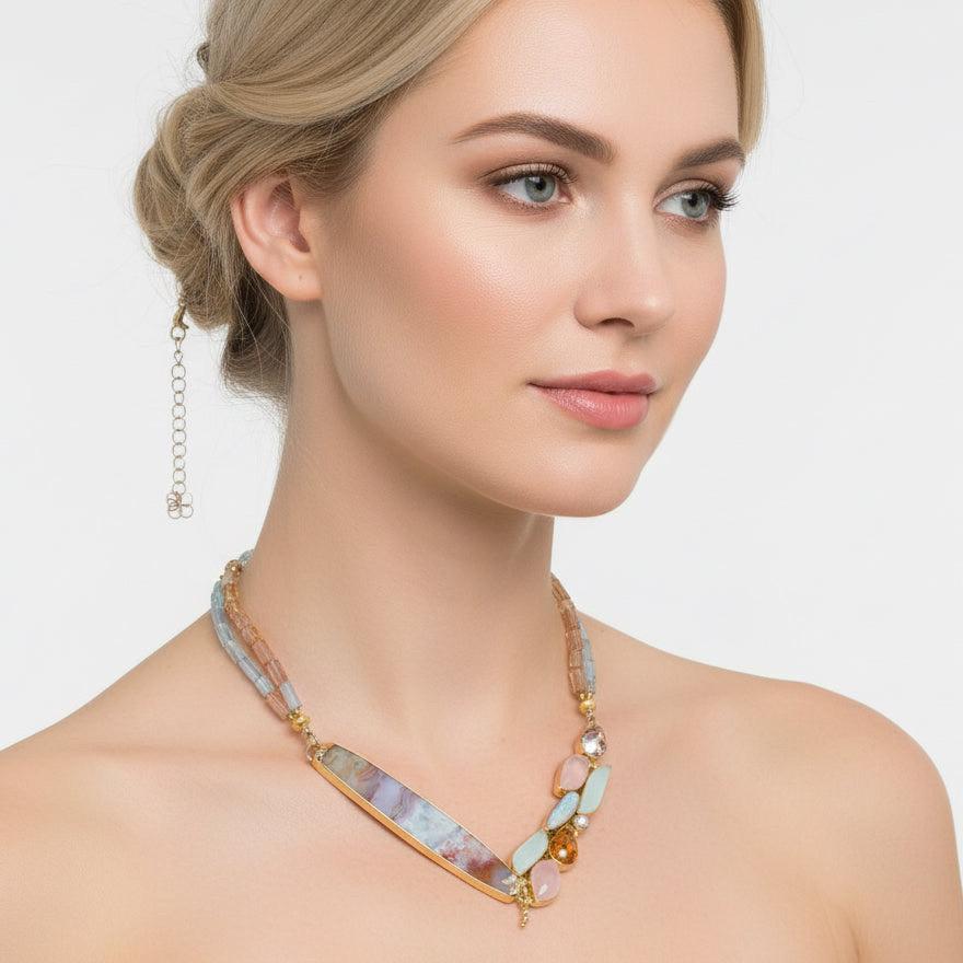 Artigiano Collana di diaspro Boulder Opale Acquamarina Perla Oro 22k 18k A. Silver in vendita
