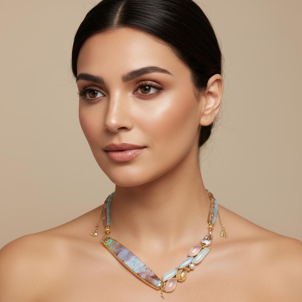 Collana di diaspro Boulder Opale Acquamarina Perla Oro 22k 18k A. Silver In condizioni Nuovo in vendita a Wolfeboro, NH