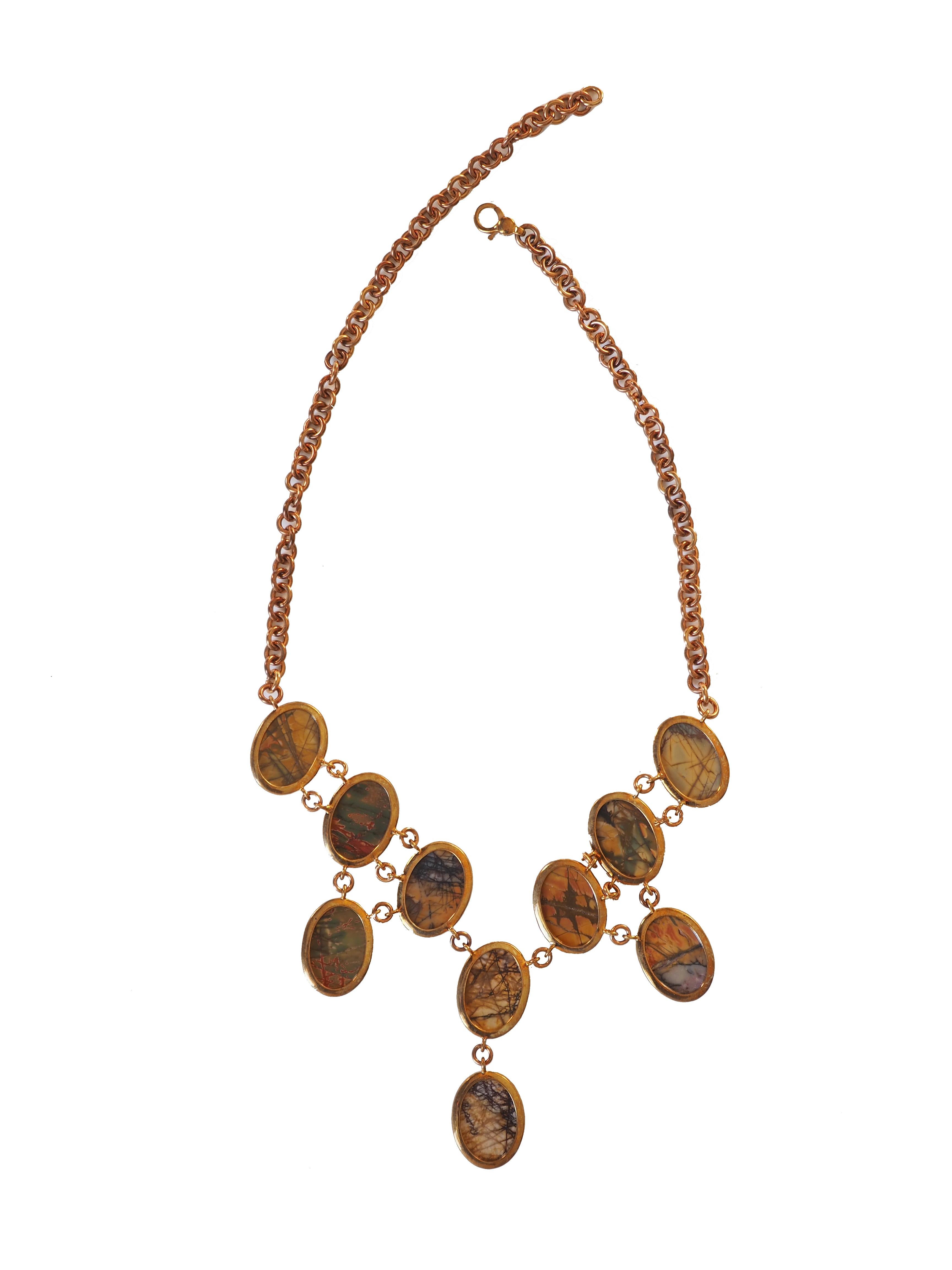 Hand made picasso  cabochon jasper necklace, adjustable, linked in bronze.
All Giulia Colussi jewelry is new and has never been previously owned or worn. Each item will arrive at your door beautifully gift wrapped in our boxes, put inside an elegant