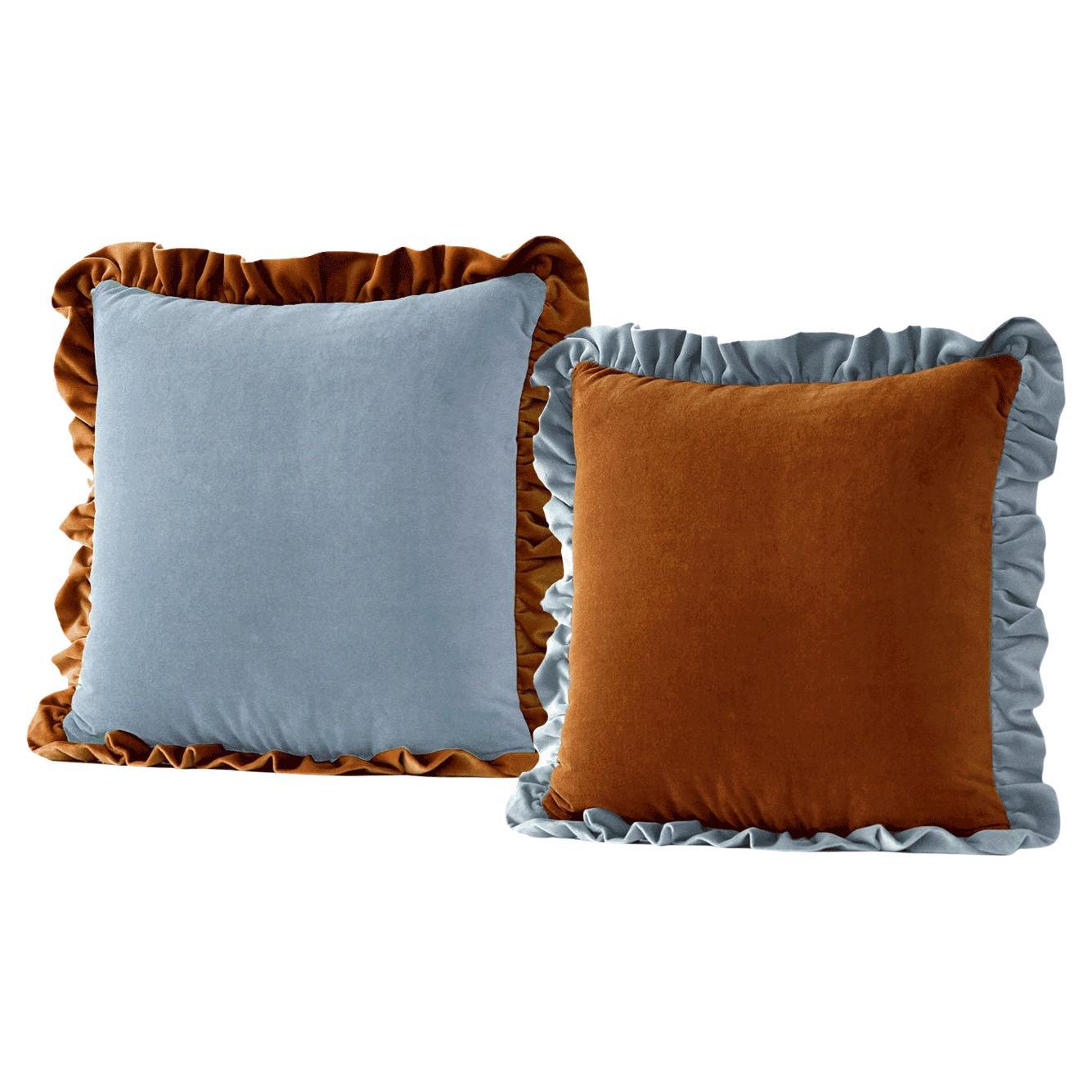 Jaspis Brown and Blue Ruffled - Set aus 2 handgefertigten Deluxe-Kissen aus Samt