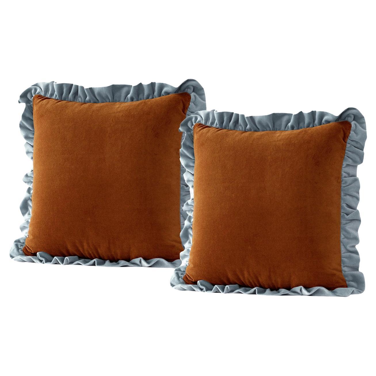 Jaspis Brown und Blau - 2er Set aus handgefertigten Rüschenkissen aus Samt Deluxe