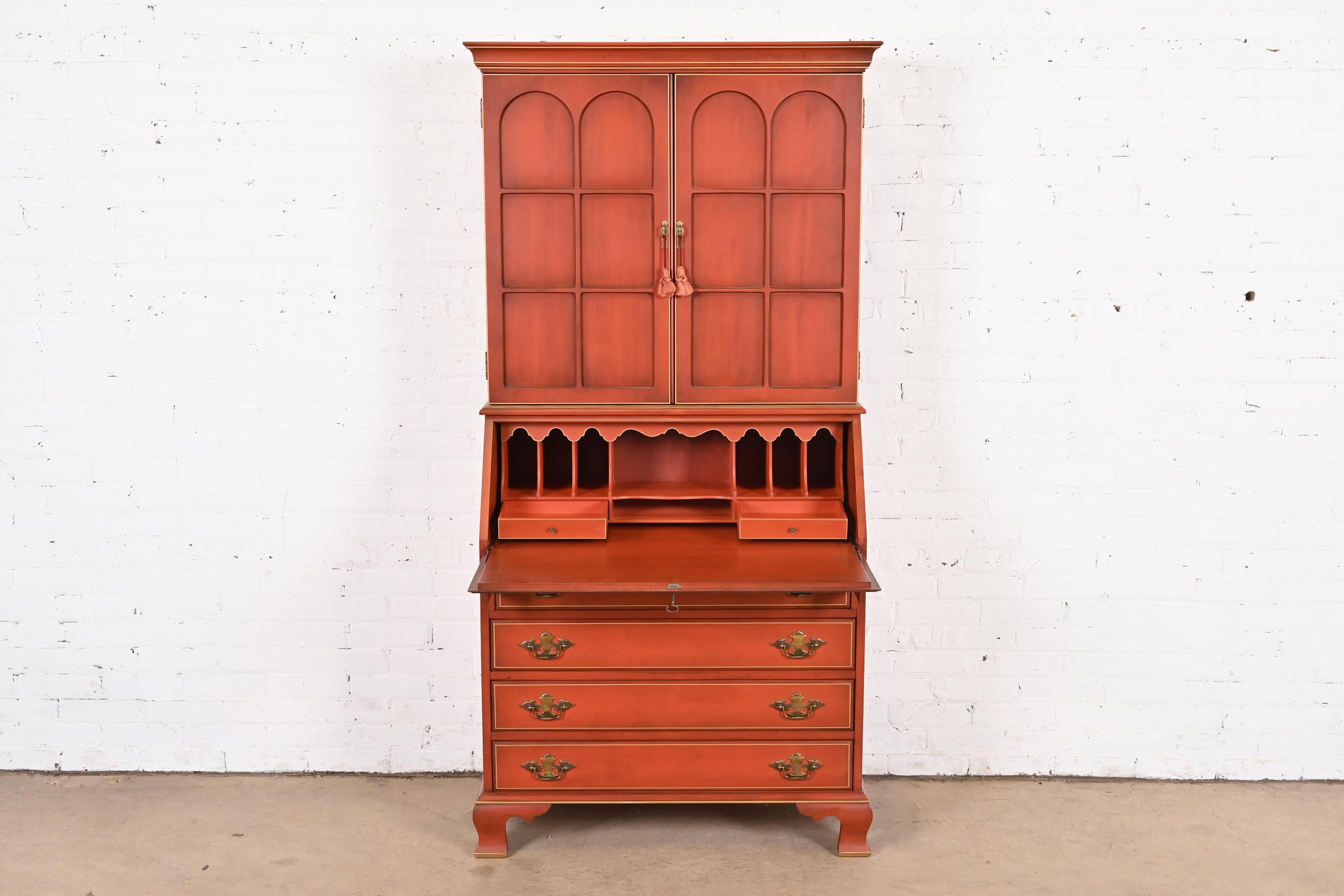 Jasper Cabinet Georgian Red Lacquered Drop Front Secretary Desk With Hutch In Good Condition For Sale In South Bend, IN