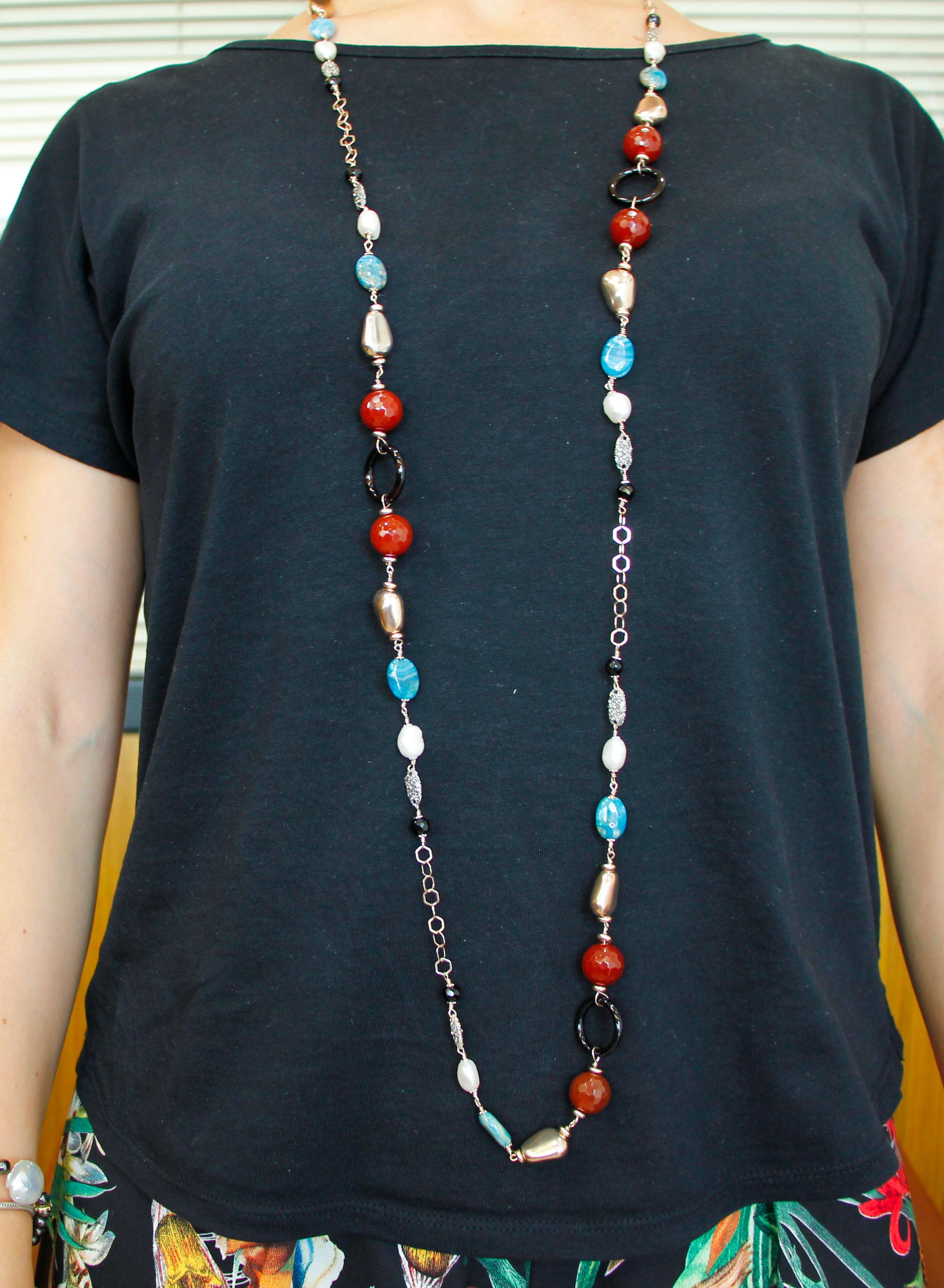 Retro Jasper, Carnelian, Black Agate, Pearls 9 Karat Rose Gold and Silver Long Necklace