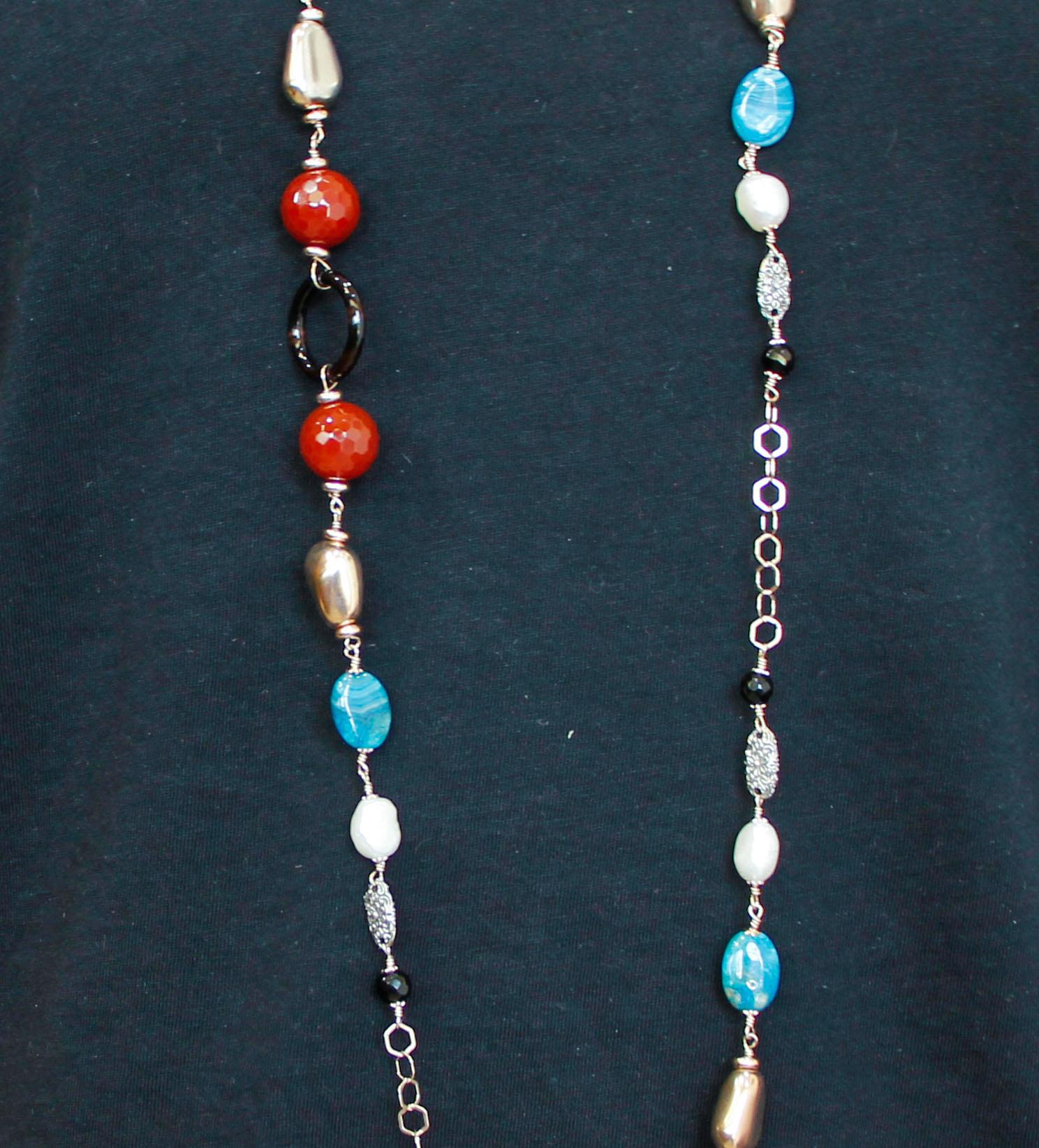 Mixed Cut Jasper, Carnelian, Black Agate, Pearls 9 Karat Rose Gold and Silver Long Necklace
