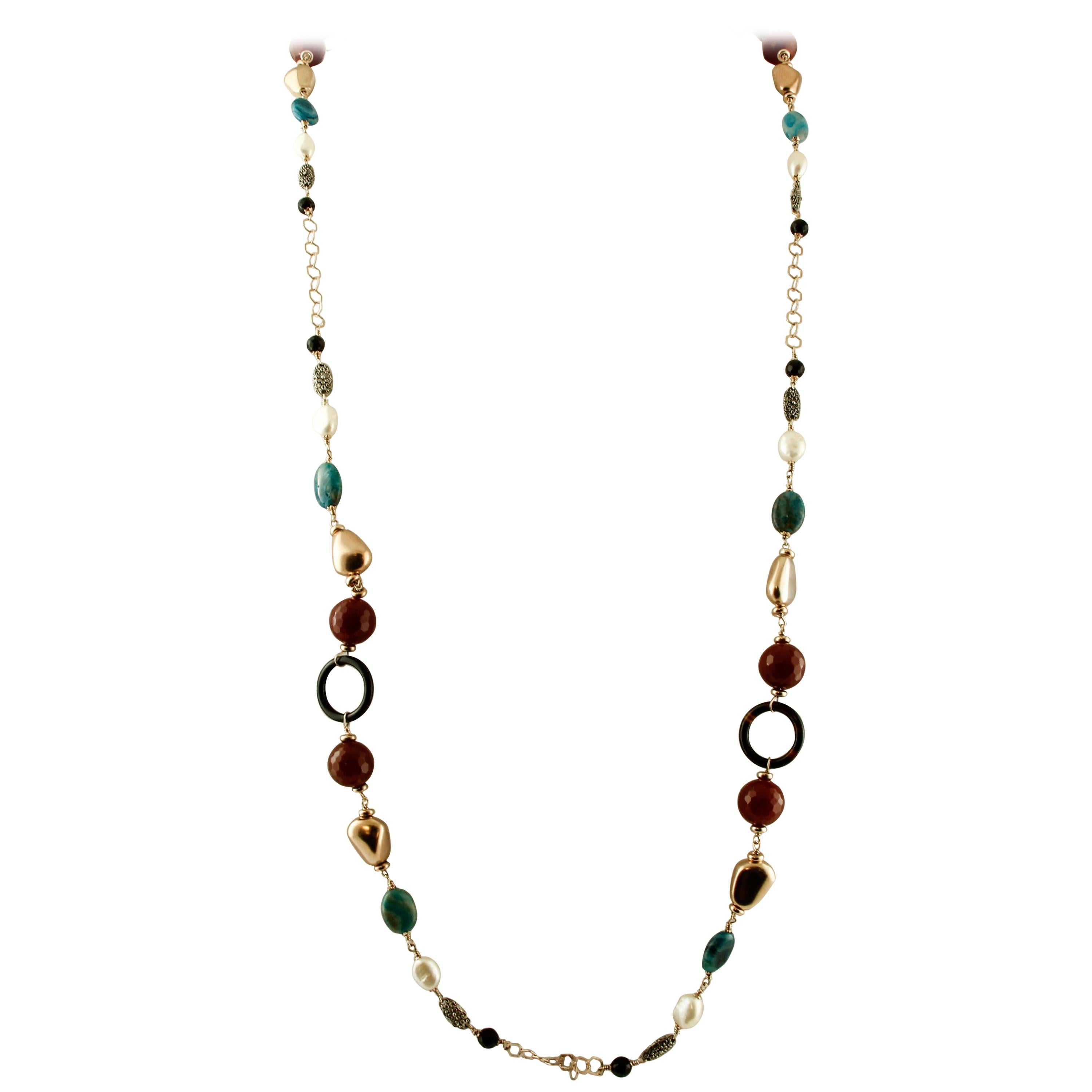 Jasper, Carnelian, Black Agate, Pearls 9 Karat Rose Gold and Silver Long Necklace