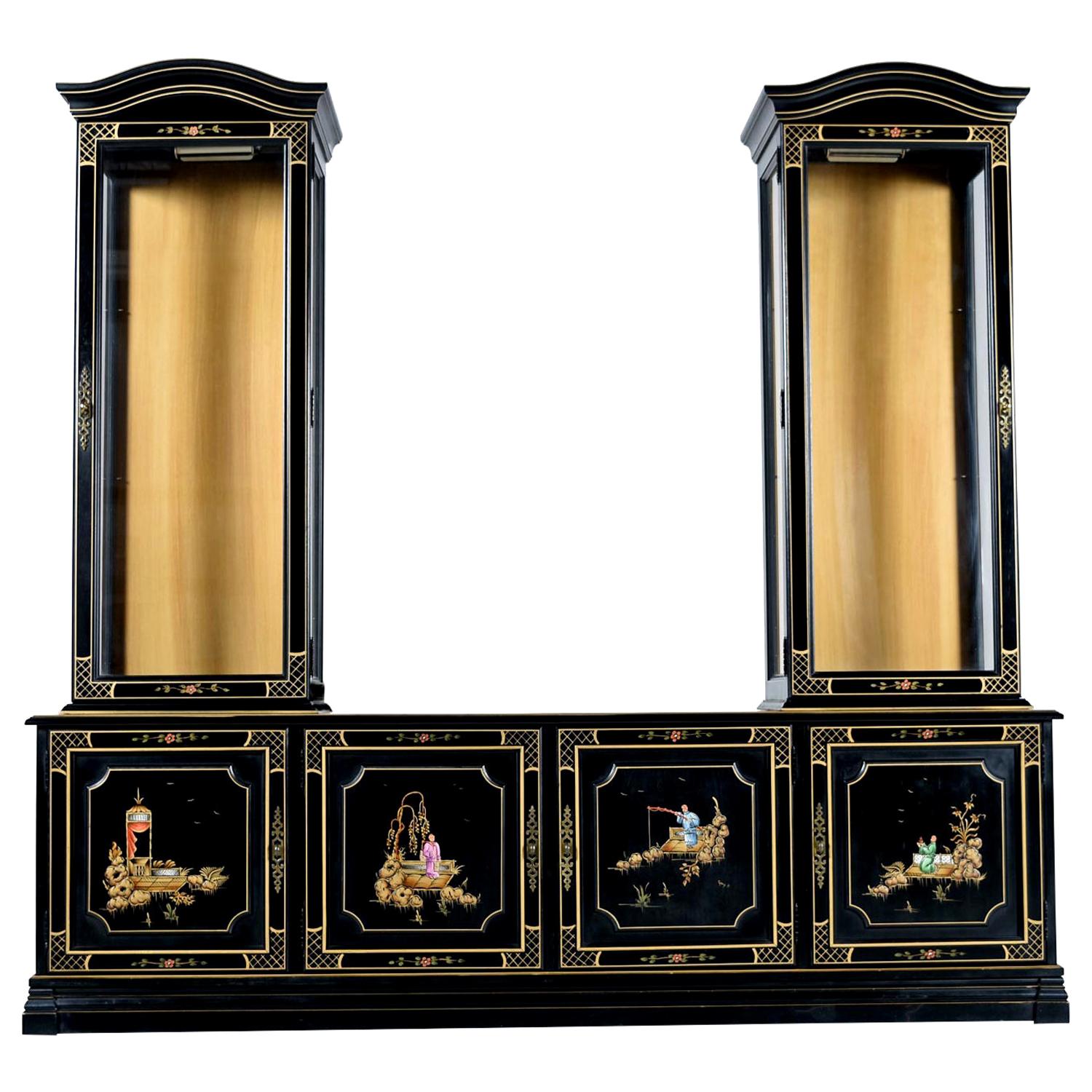 Jasper Chinoiserie Black Lacquer Display Cabinet Curio Credenza