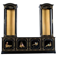 Vintage Jasper Chinoiserie Black Lacquer Display Cabinet Curio Credenza