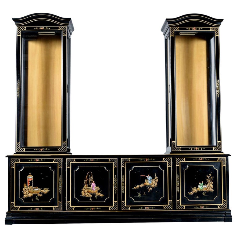 Jasper Chinoiserie Black Lacquer Display Cabinet Curio Credenza at 1stDibs  | black lacquer china cabinet, jasper lighted curio cabinet